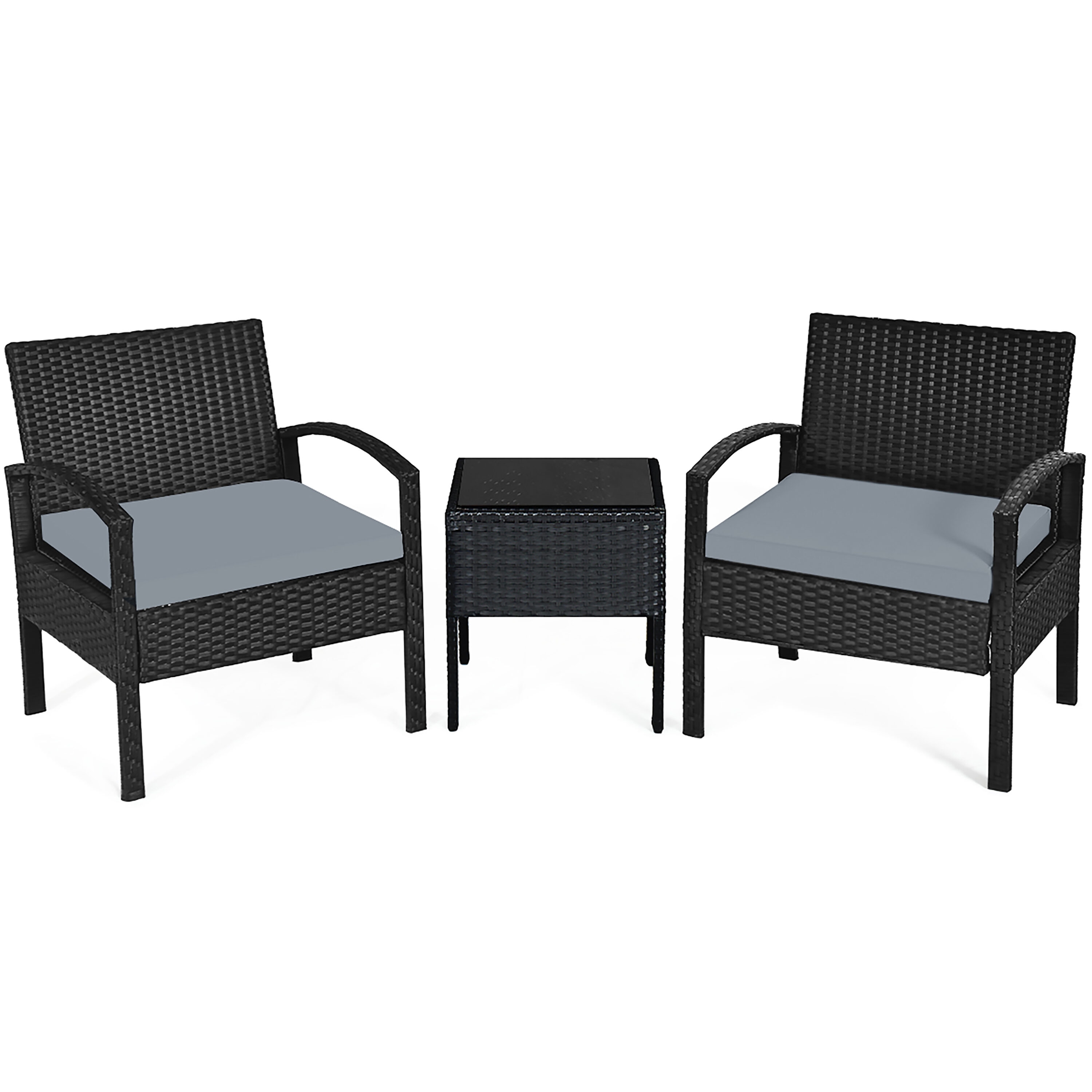 Costway HW63218GR 3 -Piece Rattan Patio Conversation Set with Gray Cushions
