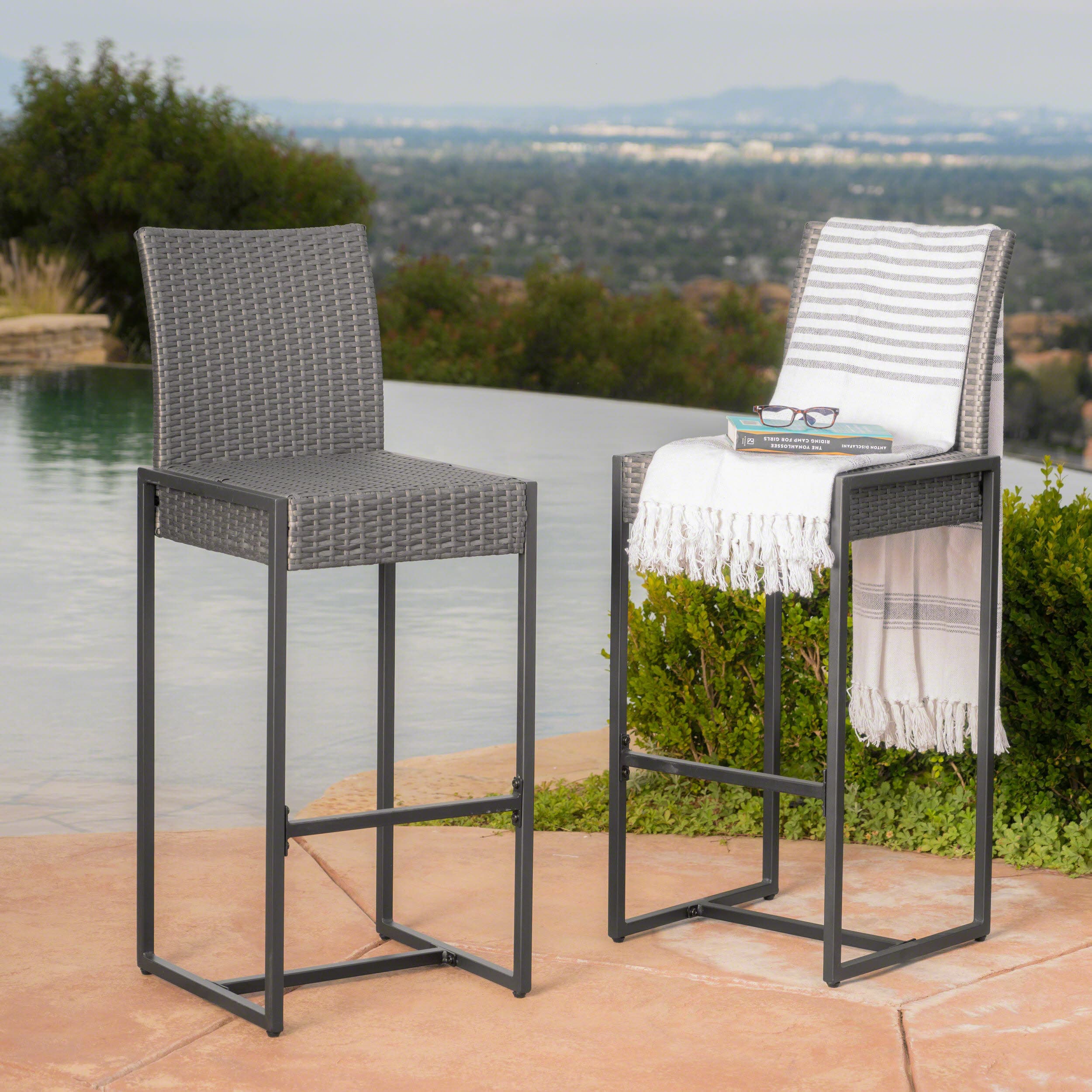Gray Wicker and Iron Outdoor Barstools Set of 2