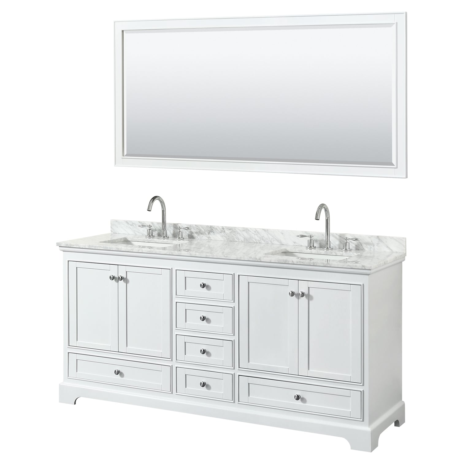 Wyndham Collection Deborah 72-in White Double Sink Bathroom Vanity with White Carrara Natural Marble Top (Mirror Included)