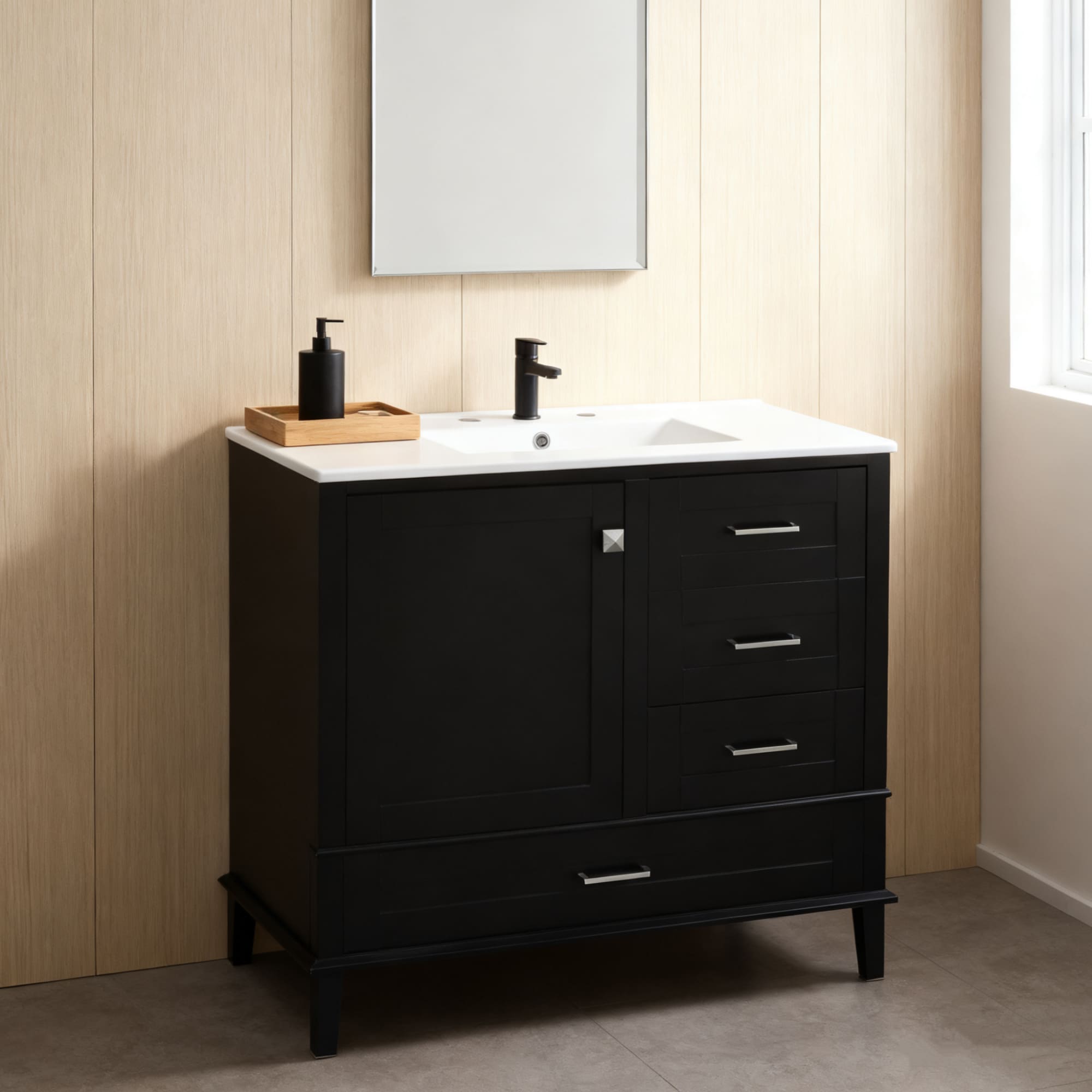 Homy Casa 36 Inch Bathroom Vanity with Ceramic Basin Soft Close Drawers Solid Wood Frame Modern Cabinet Carbon Black