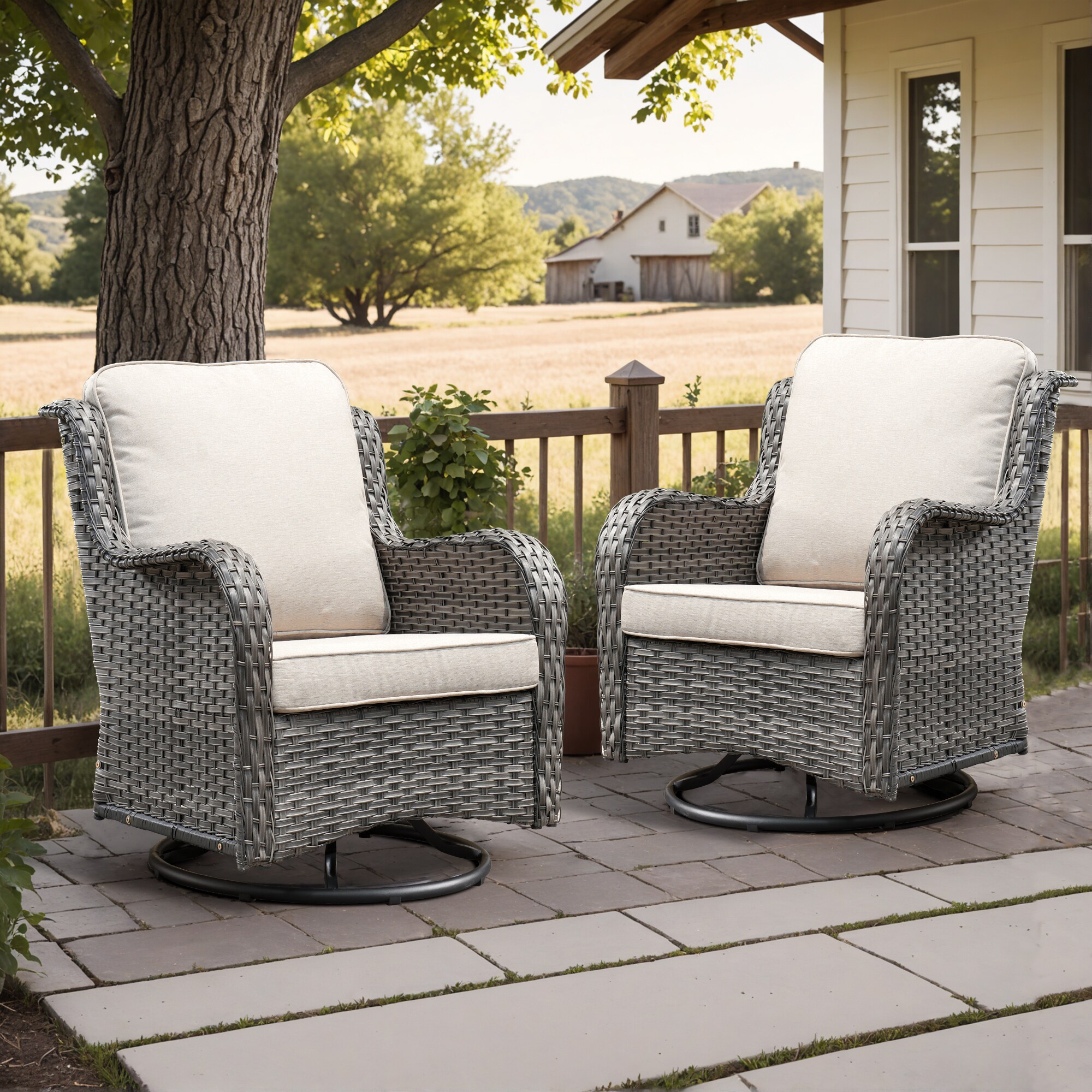Pouuin SYZGNTC602 Set of 2 Wicker Gray Metal Frame Swivel rocker Rocking Chair with Beige Cushioned Seat