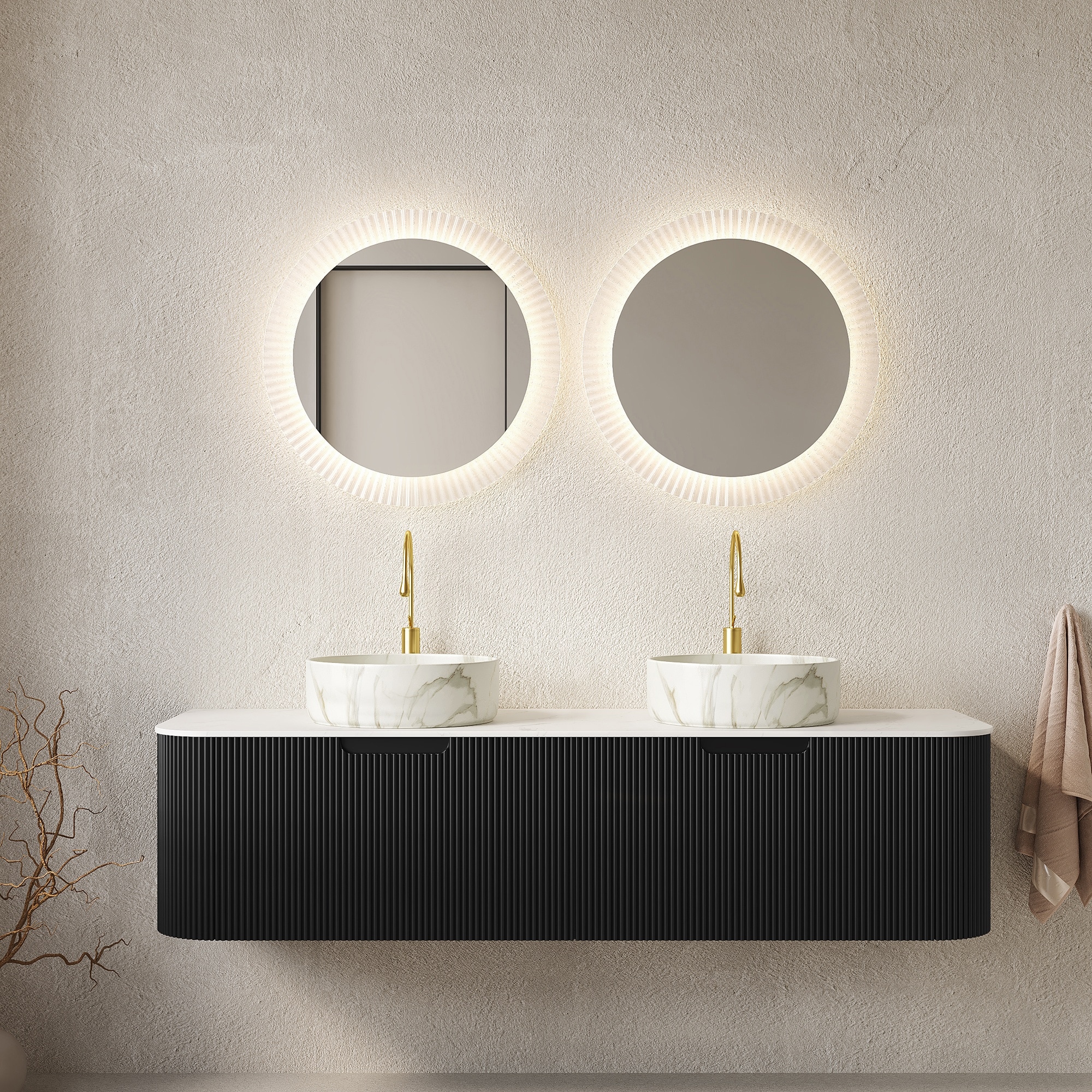 HyperDrop Cart 60-in Black Plywood Floating Bathroom Vanity with Carrara White Sintered Stone Top and 2 Matte Stone White Ceramic Basins
