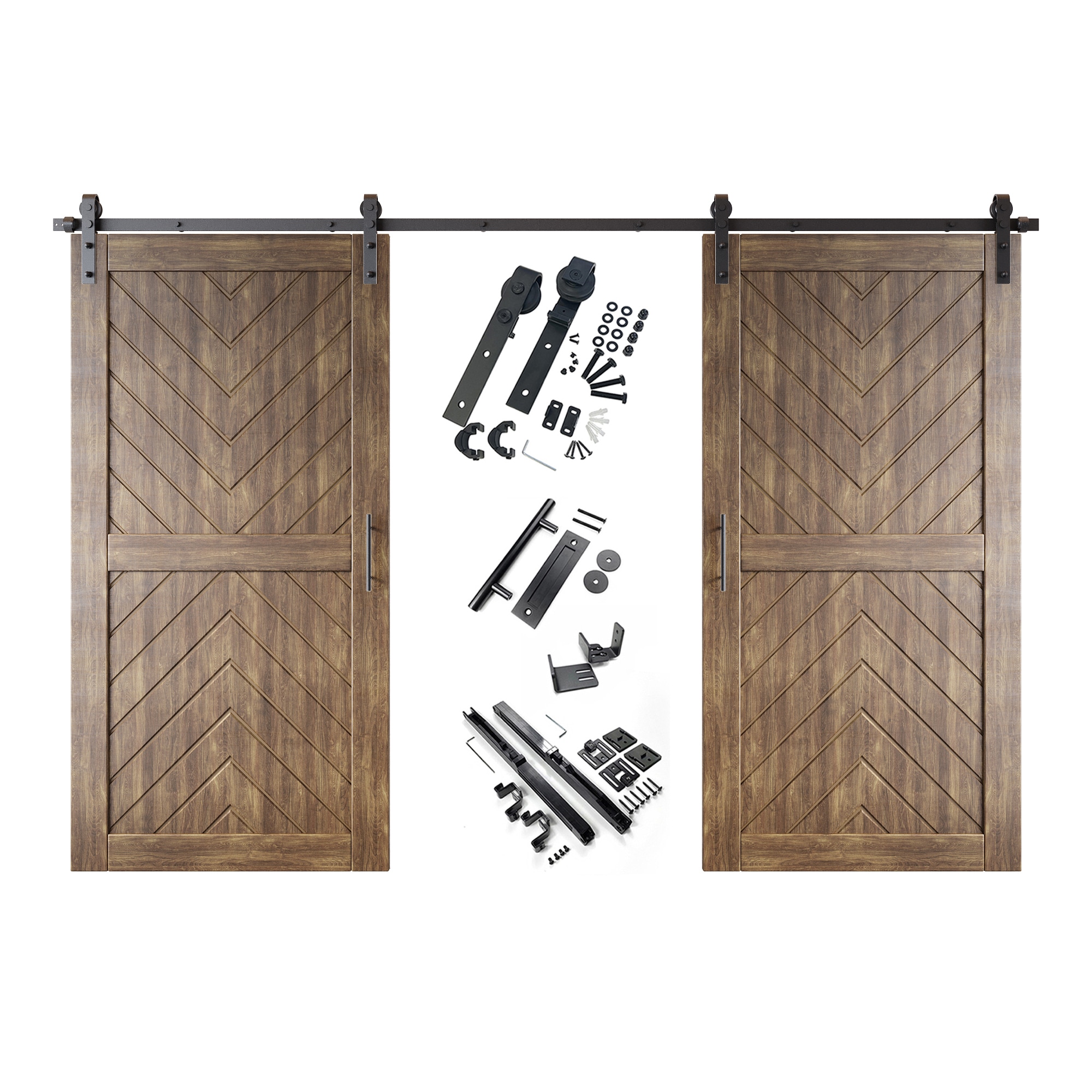 HOMACER YT2H168C-JT4-4080-WA 40-in x 80-in Dark Walnut Herringbone Pine Wood Solid core Double Barn Door (Hardware Included)