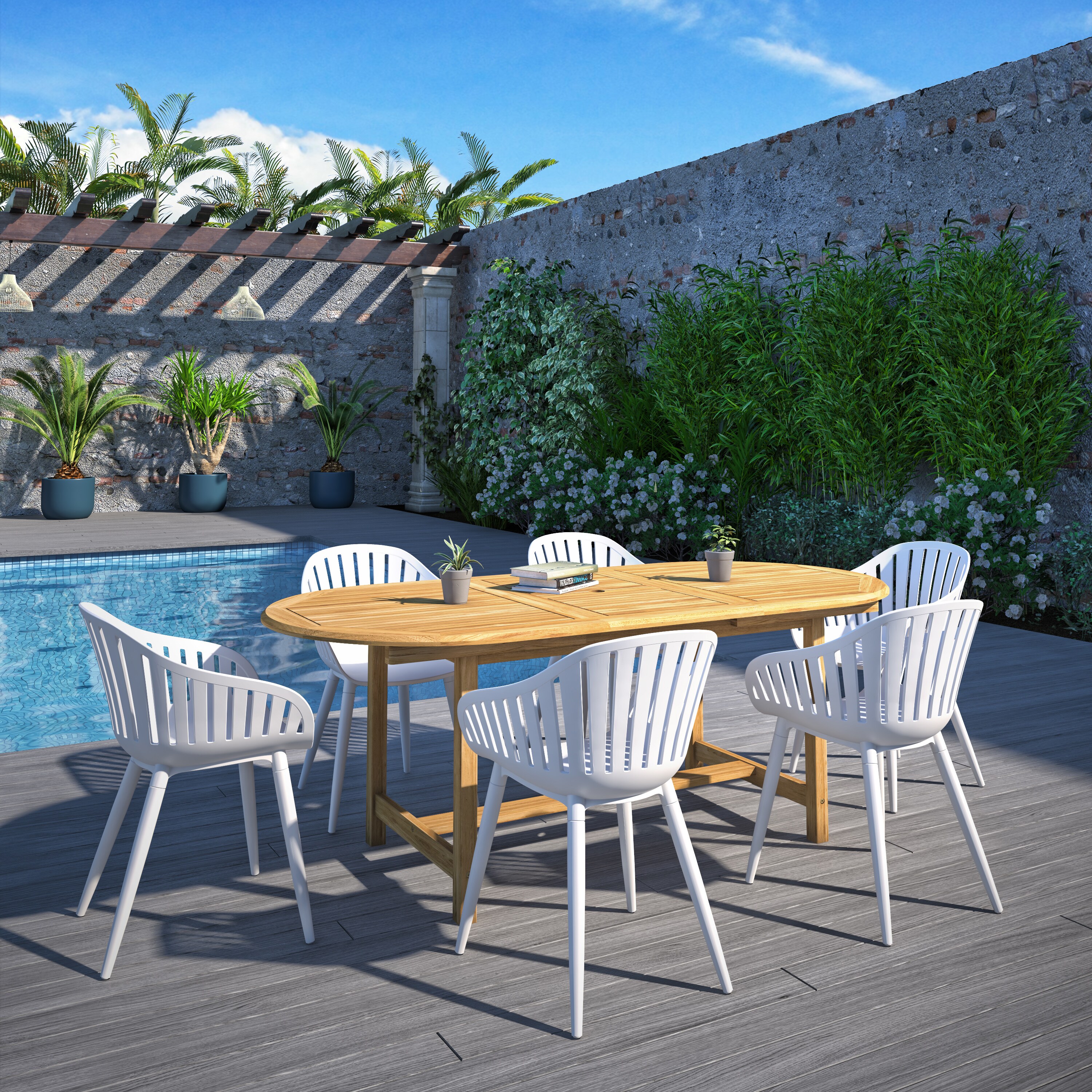 Amazonia DIANOVSM6CANNALWHT  7 -Piece Brown Patio Dining Set Extendable Table Wood Oval Table with 6 Brown Stationary Chairs