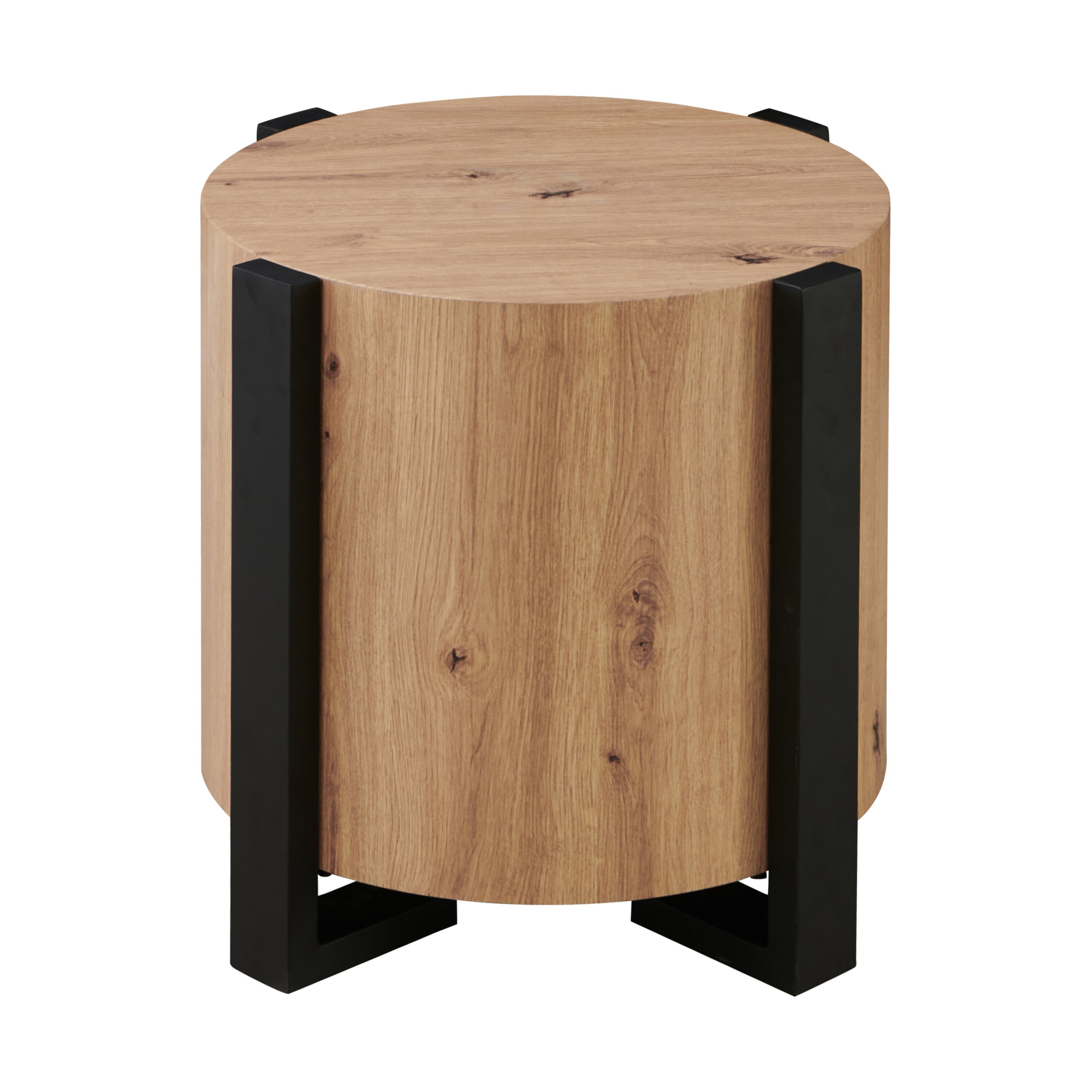 Darcie Natural Brown Round Wood End Table with Black Metal Legs