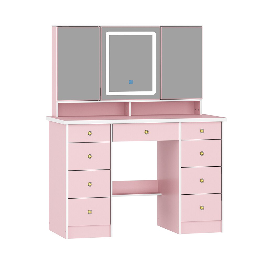  V-KF210213-07 Large Vanity Desk with Open Mirror and LED Lights Makeup Vanity Desk with Crystal Handles Cushion Stool Not Included