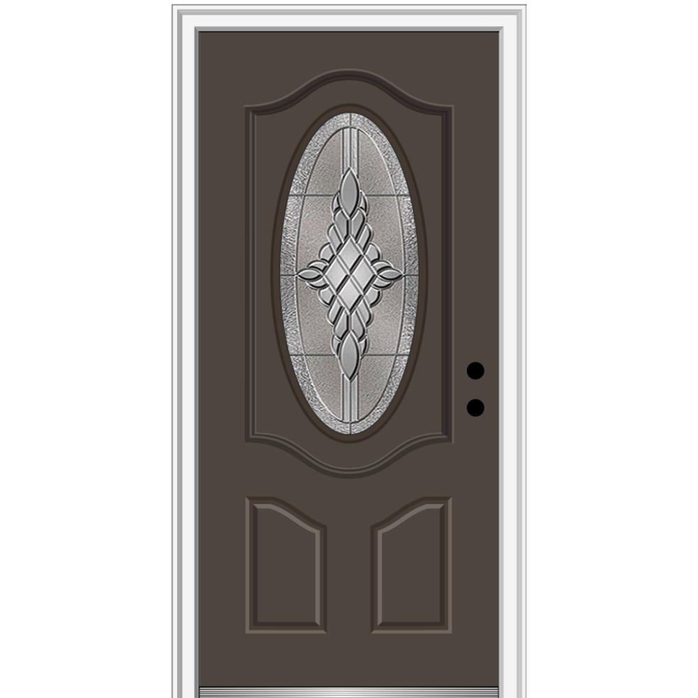 MMI DOOR ZZ3667288L 36-in x 80-in x 4-9/16-in Fiberglass Oval lite Left-hand inswing Brown Painted Prehung Front Door with Brickmould Insulating core