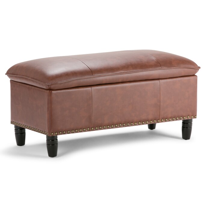 Simpli Home Emily Casual Cognac Faux, Faux Leather Ottomans With Storage