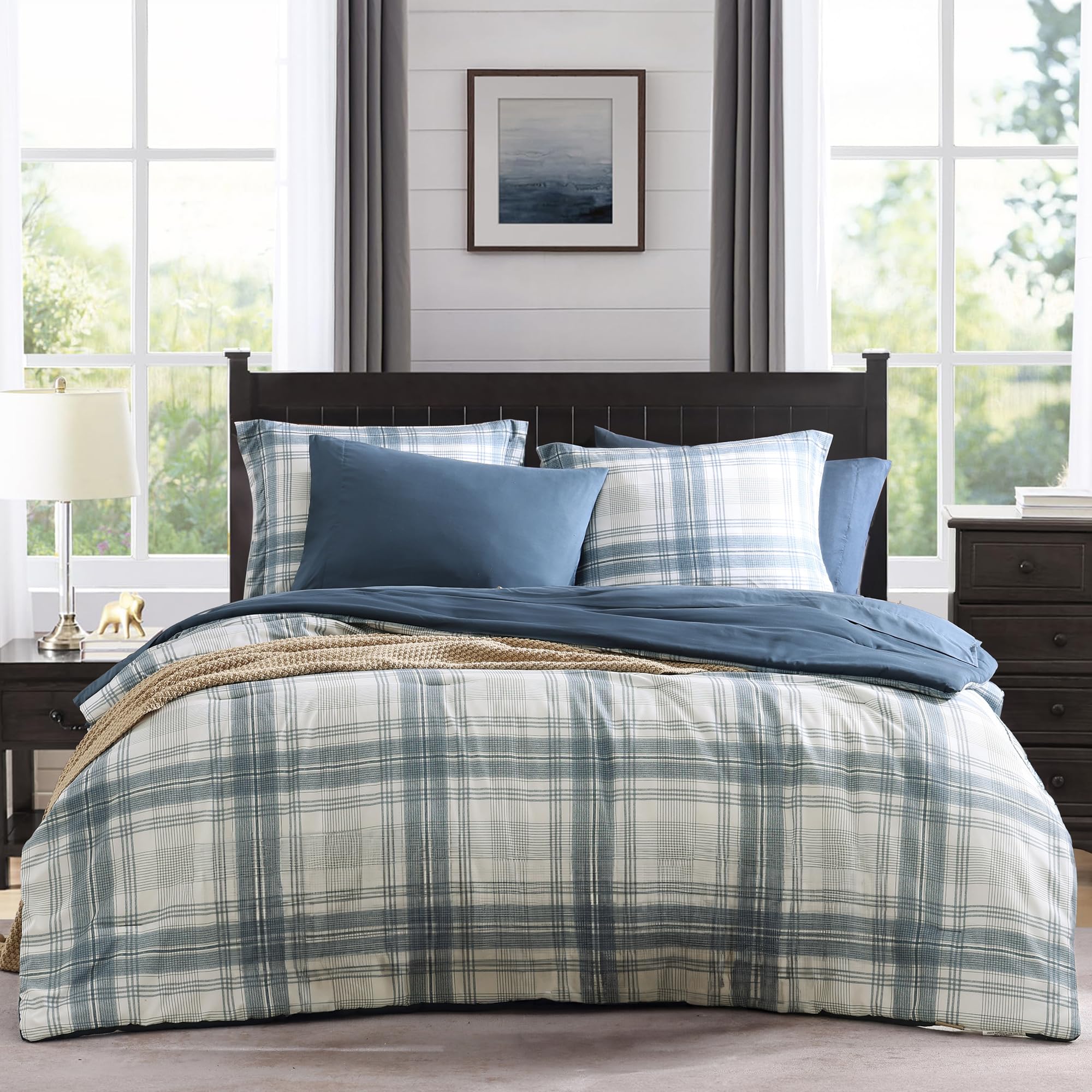WZKZLH Classic Plaid Farmhouse 7 Piece All Season Lightweight Bed In A Bag Bedding Set With Sheets Pillowcases And Shams