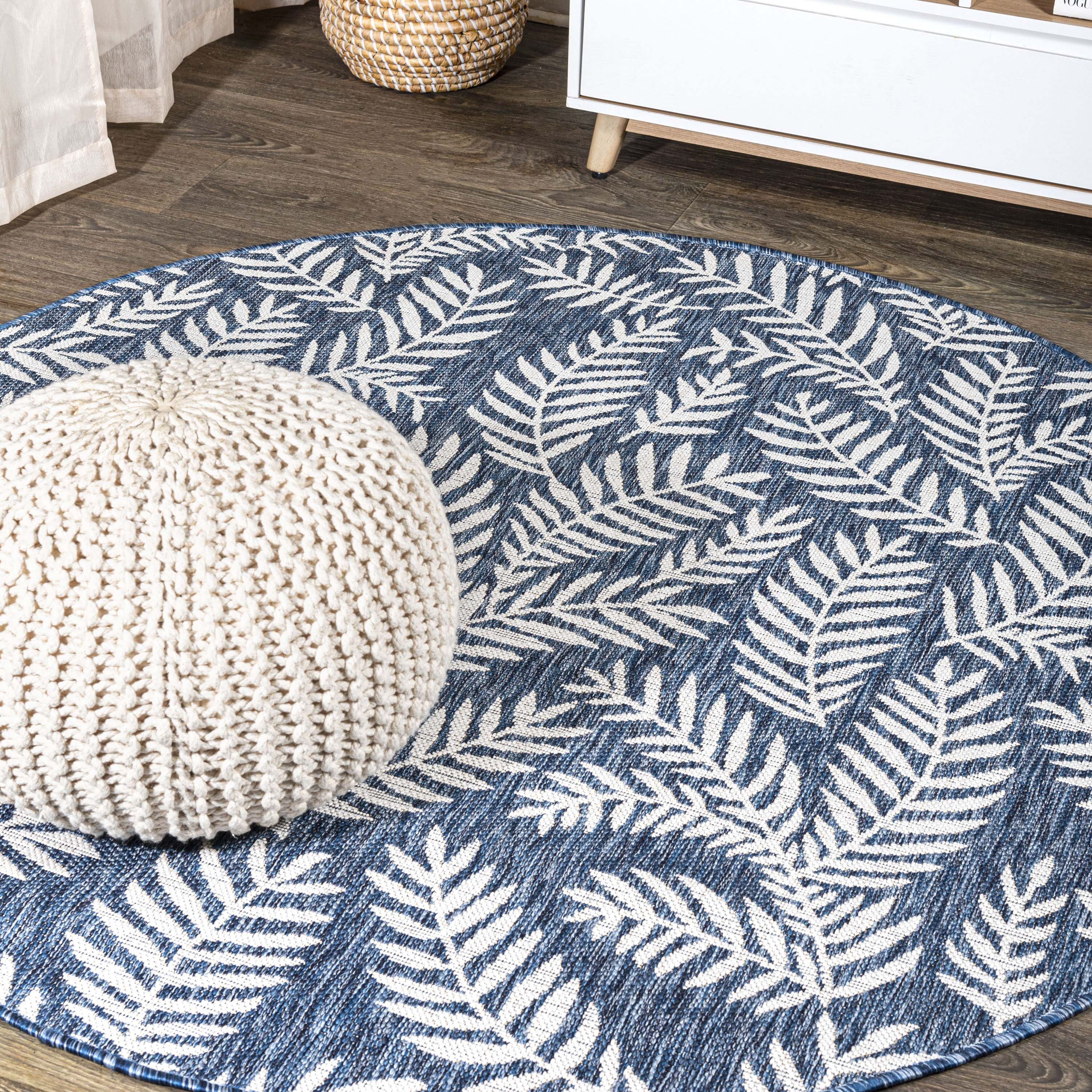 JONATHAN  Y SMB119B-9R SANTA MONICA Nevis Palm Frond 9 x 9 (ft) Polypropylene Navy/Ivory Round Indoor Medallion Bohemian/Eclectic Area rug