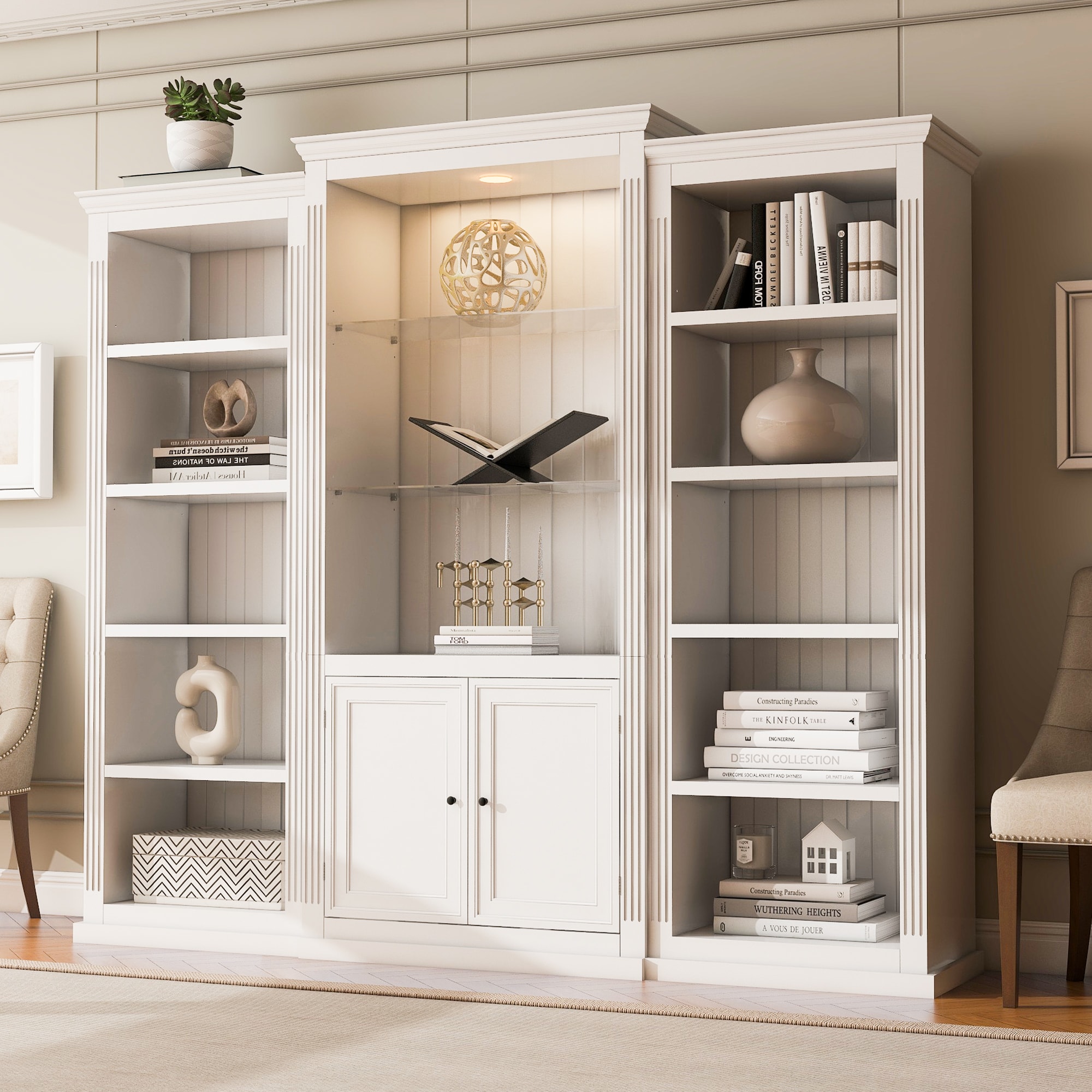 LOVMOR SF-Y-SN845P263122W 78.75 in Tall 3 Pieces Bookcase Display Cabinet with 5 Colors Adjustable LED Ceiling Light Retro style Bookshelves with tempered glass shelves for Living Room Office Studio or Workspace White