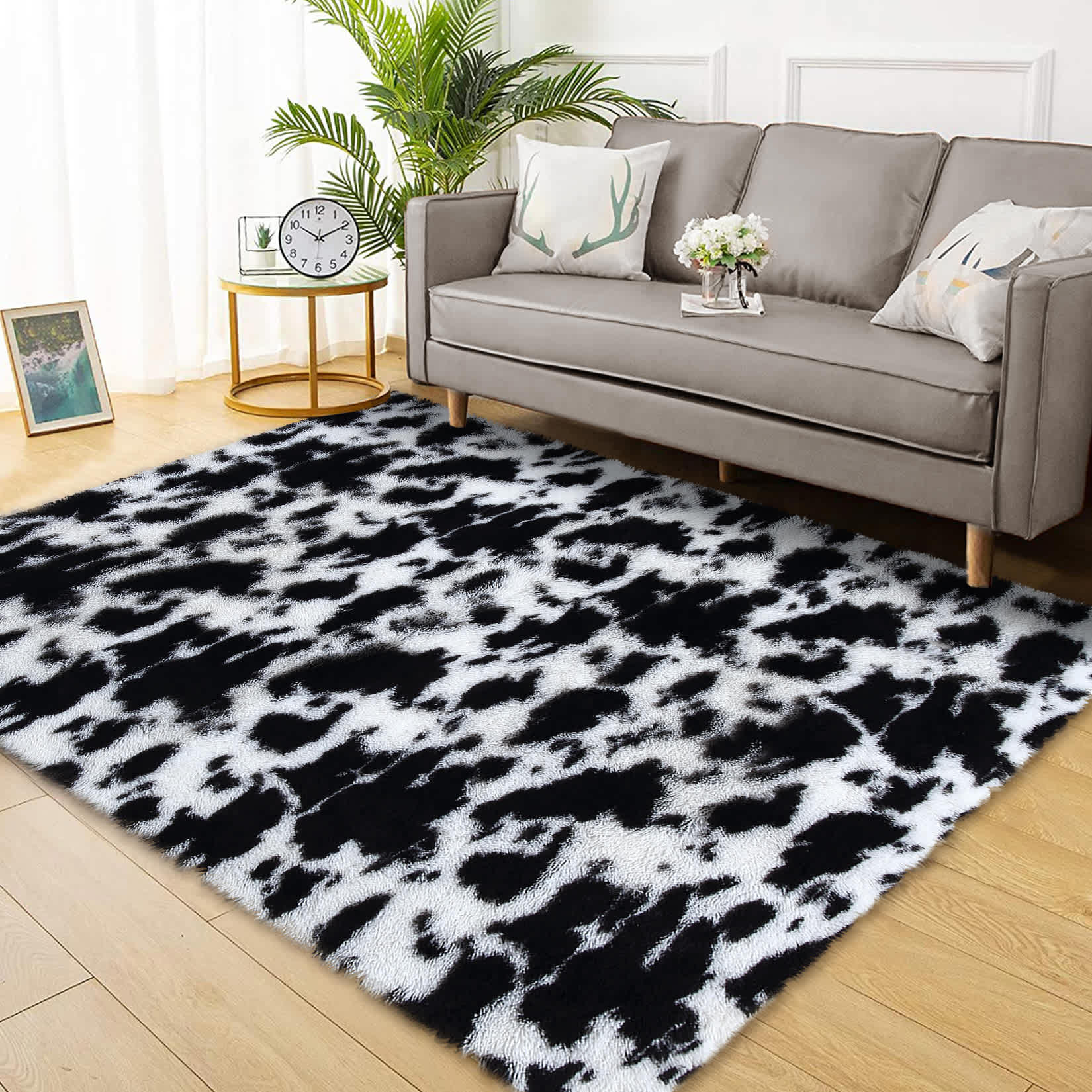Qeetex LSN-PHO-0ZCWDDSS 5 x 8 ft Polyester High Elastic Cotton Black White Rectangular Hallway Bathroom Entryway Kitchen Office Foldable Tie-dye Printed Modern Washable Area Rug