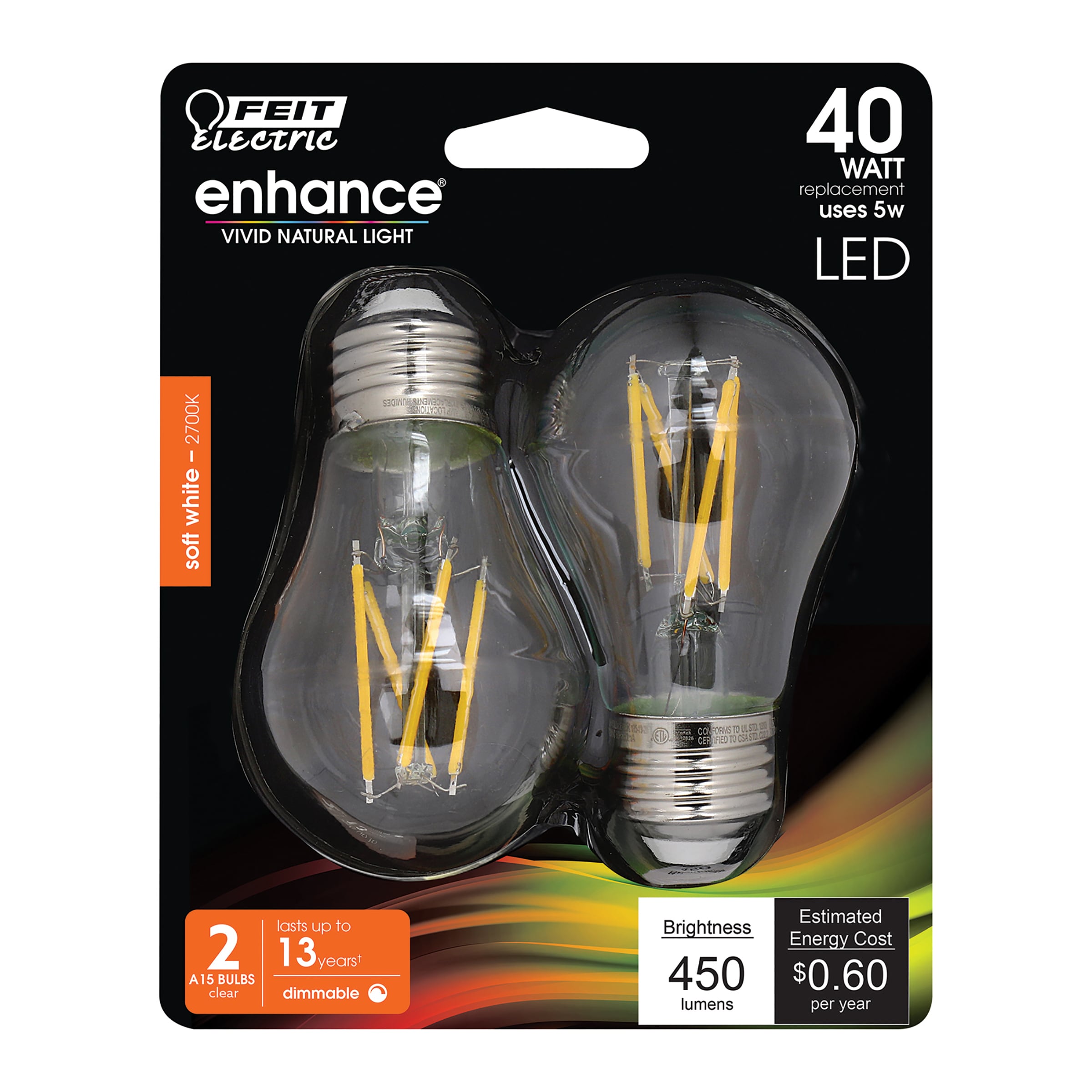 Feit Electric BPA1540927CAFIL/2/RP LED Filament 40 -Watt EQ A15 Soft white Medium base (E-26) Dimmable LED Decorative Light Bulb 2 -Pack