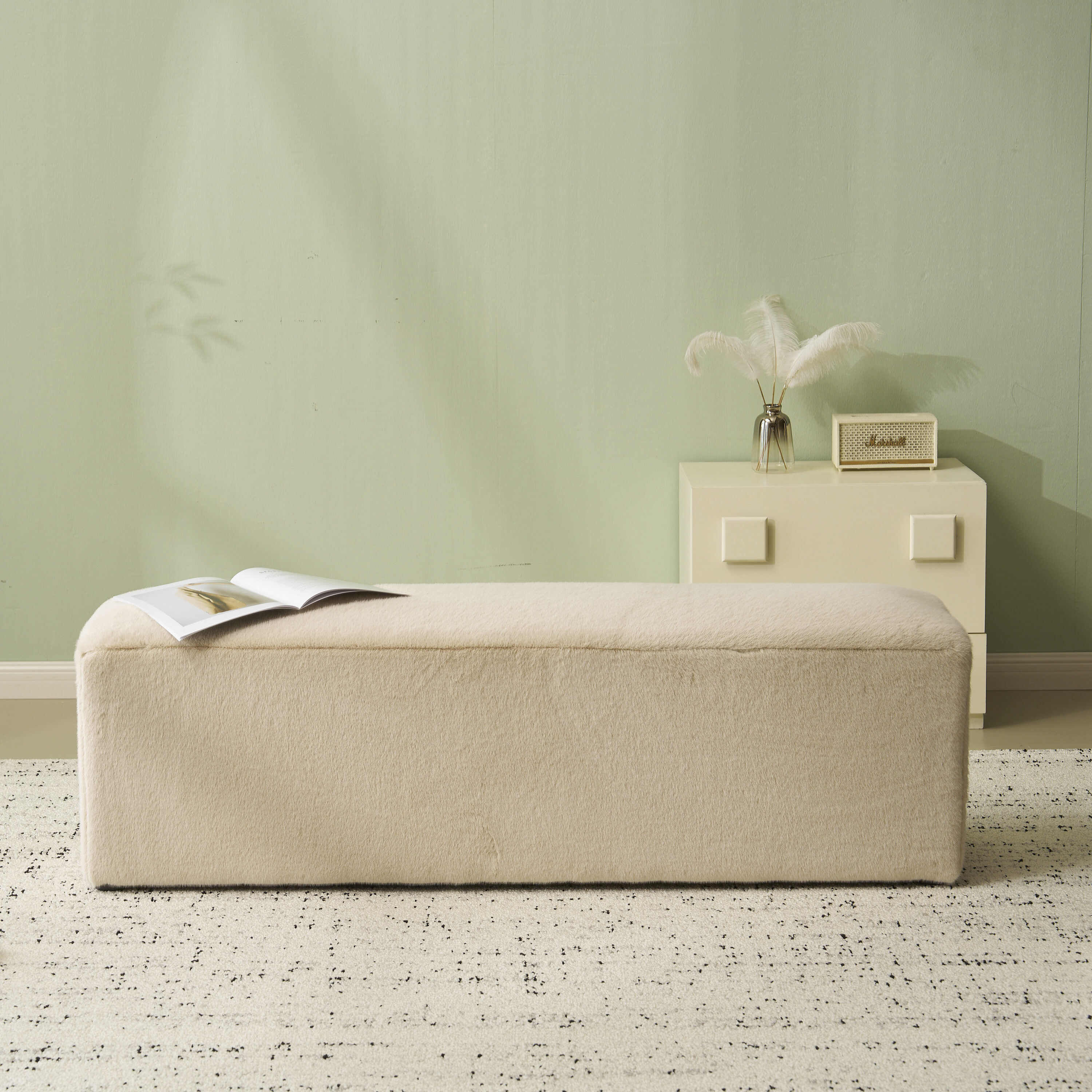 LOVMOR Almond Long Plush Ottoman Modern Simple Footstool and Seat for Home Use