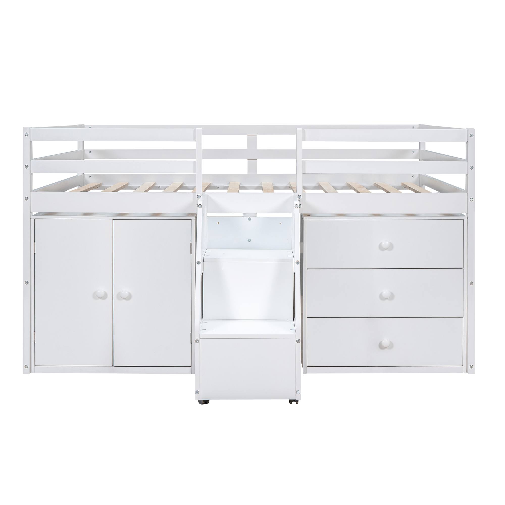 Yiekholo White Full Loft Bed with Stairs and Storage, Kids Low Loft ...