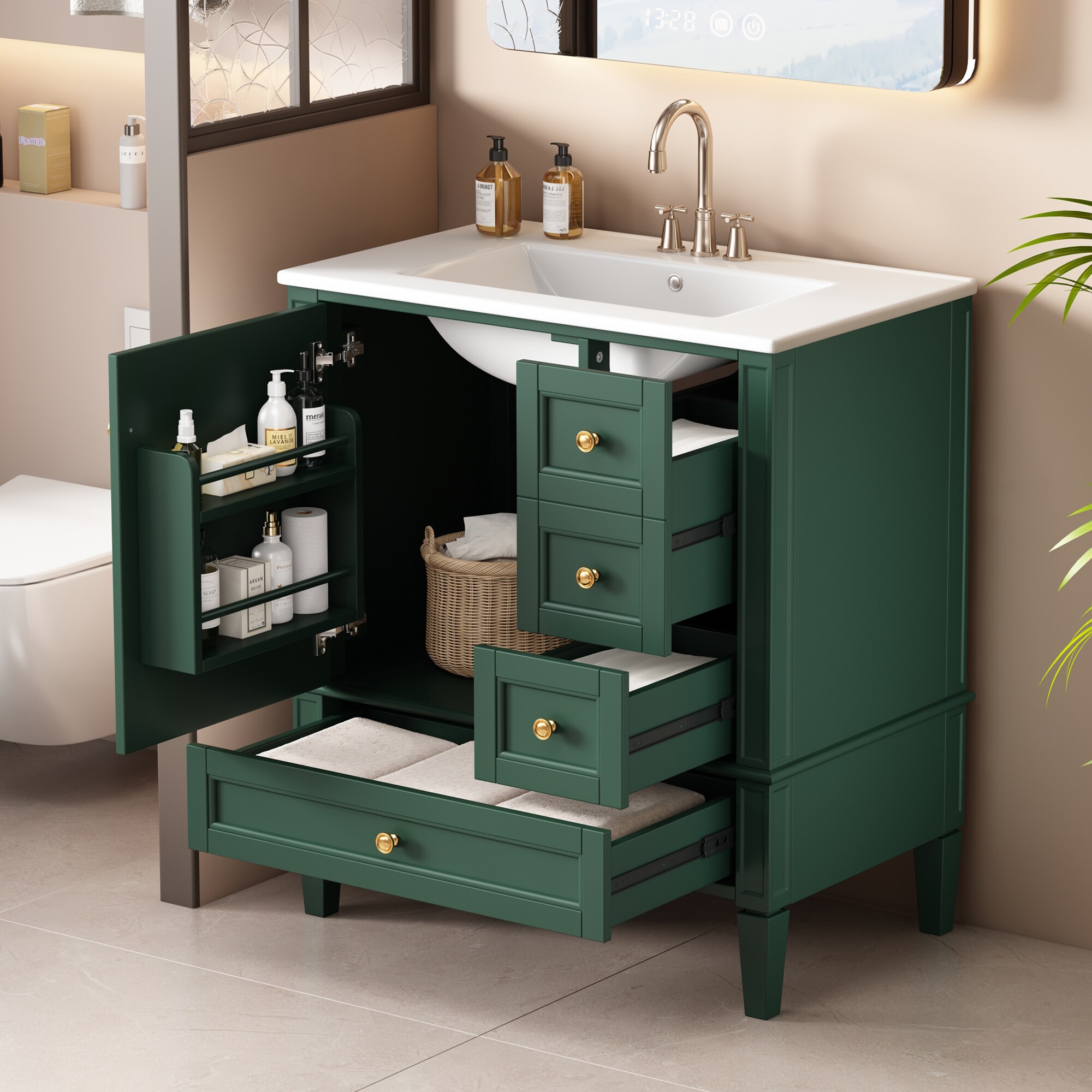 Tatayosi RY-P247499F 30-Inch Bathroom Vanity with Ceramic Sink Bathroom Vanity with 3 Drawers Solid Wood Frame Modern Bathroom Storage Cabinet Ideal for Home