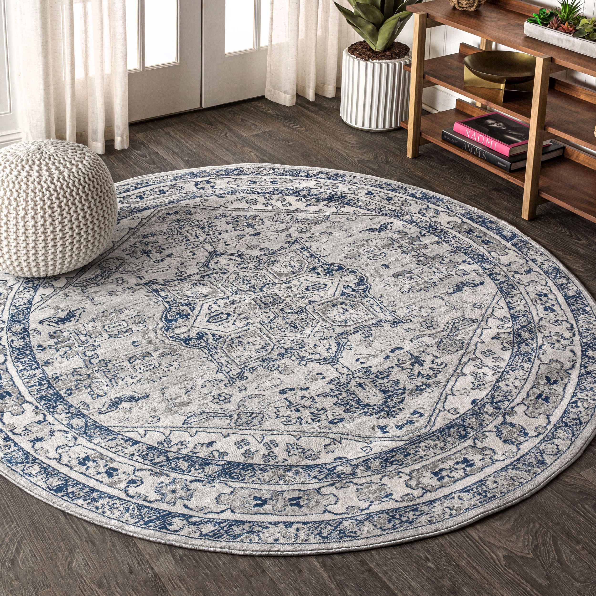 JONATHAN  Y MDP106B-5R MODERN PERSIAN Vintage Medallion 5 x 5 (ft) Loomed Polypropylene Light Grey/Navy Round Indoor Medallion Persian Area rug