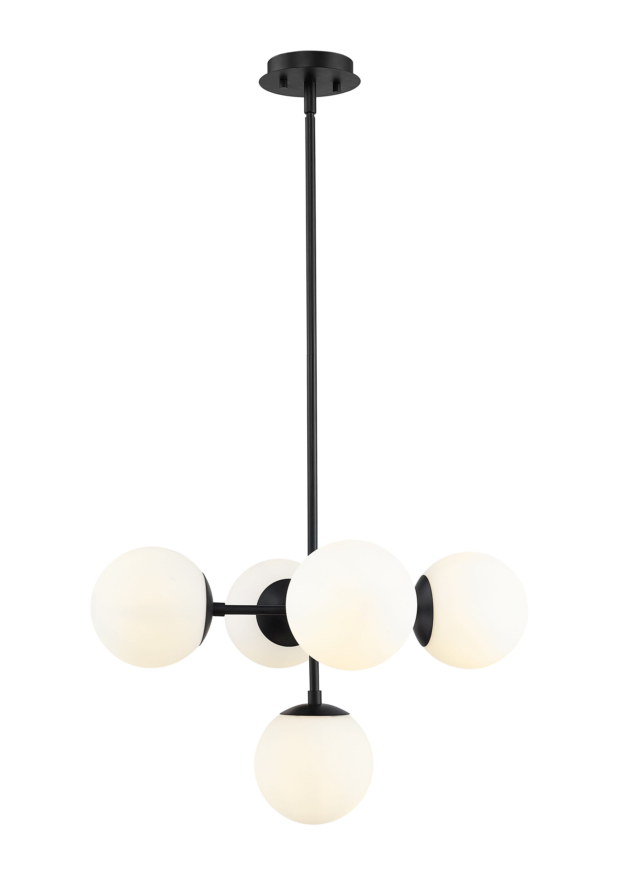 Matte Black Steel 5-Light Pendant with Opal Glass Globes