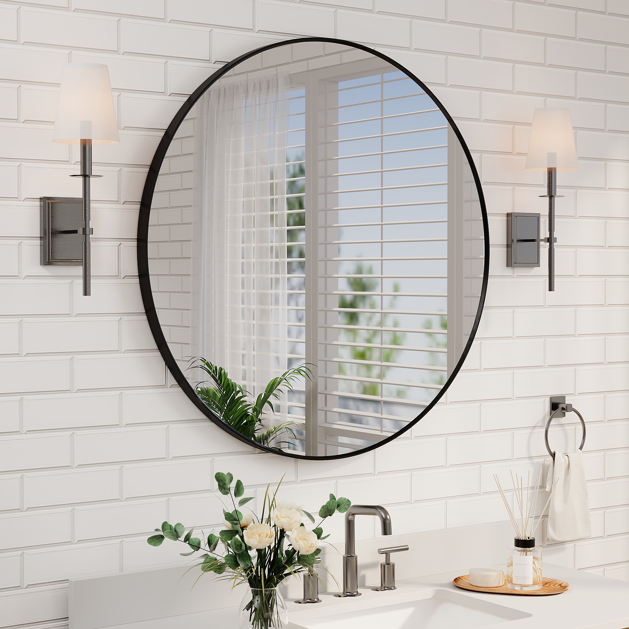 WELLFOR R1MR3636MB BELLA 36-Inches x 36-Inches Framed Round Bathroom Vanity Mirror ( Matte Black )