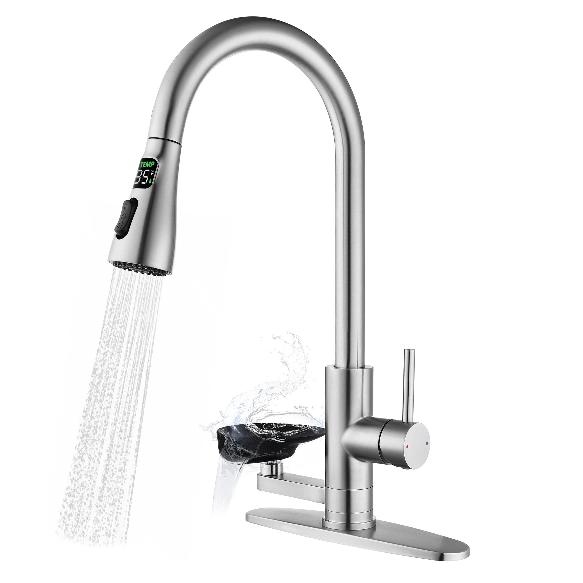 LUXEYARD 3-in-1 Kitchen Faucet with 3-Color LED Temperature Display Press-Type Glass Rinser High-Arc Pull-Down Sprayer 3 Spray Modes Brushed Nickel Finish for Modern Kitchen Sink