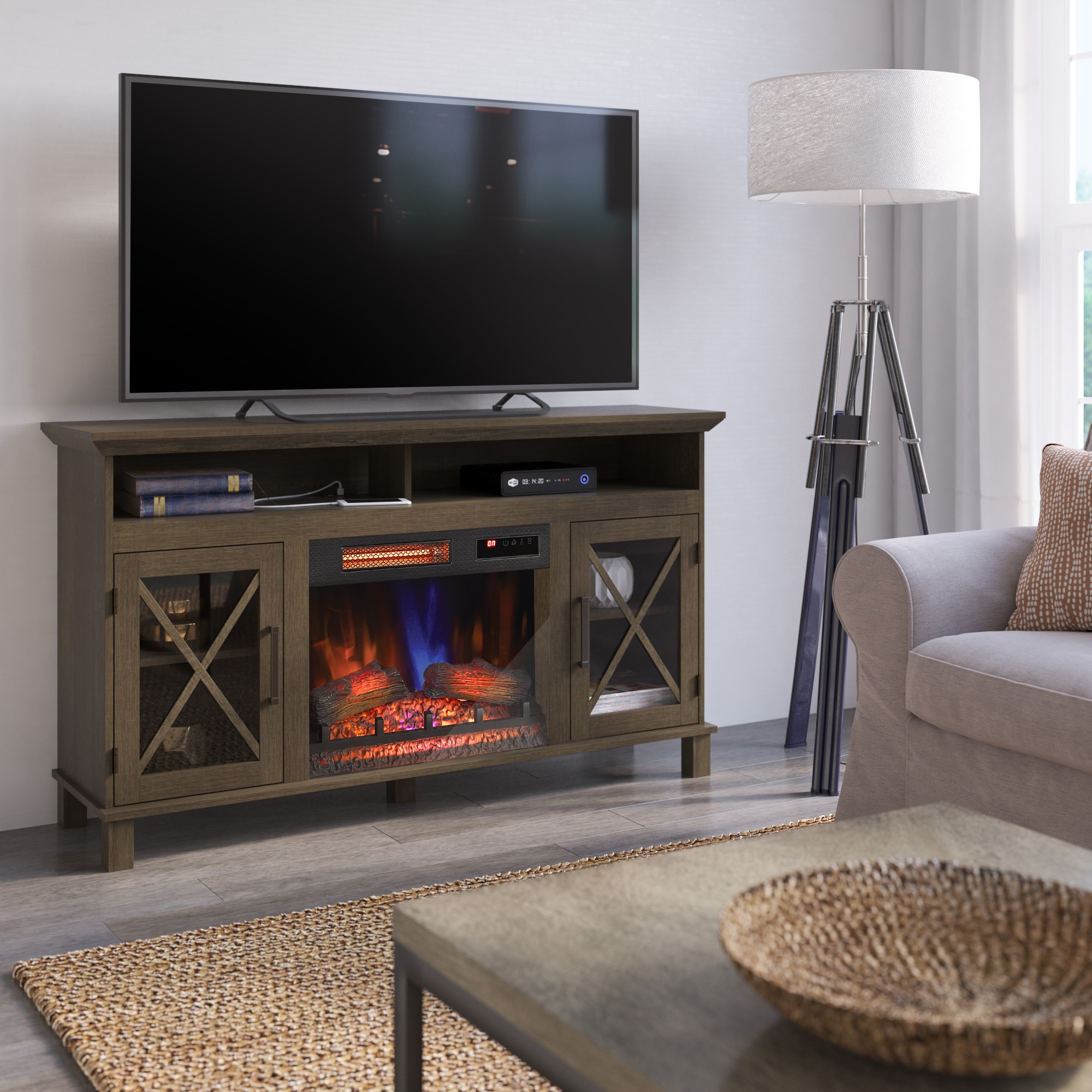 58.5-in W Chico Oak Infrared Quartz Electric Fireplace in Brown | - allen + roth 149124