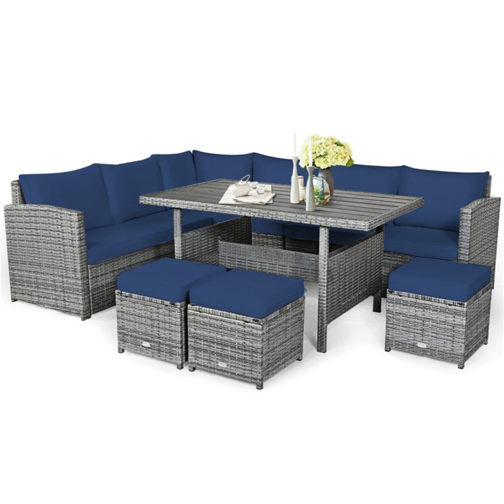Clihome CNBL-09BLKPBL 7 -Piece Rattan Patio Conversation Set with Navy Cushions