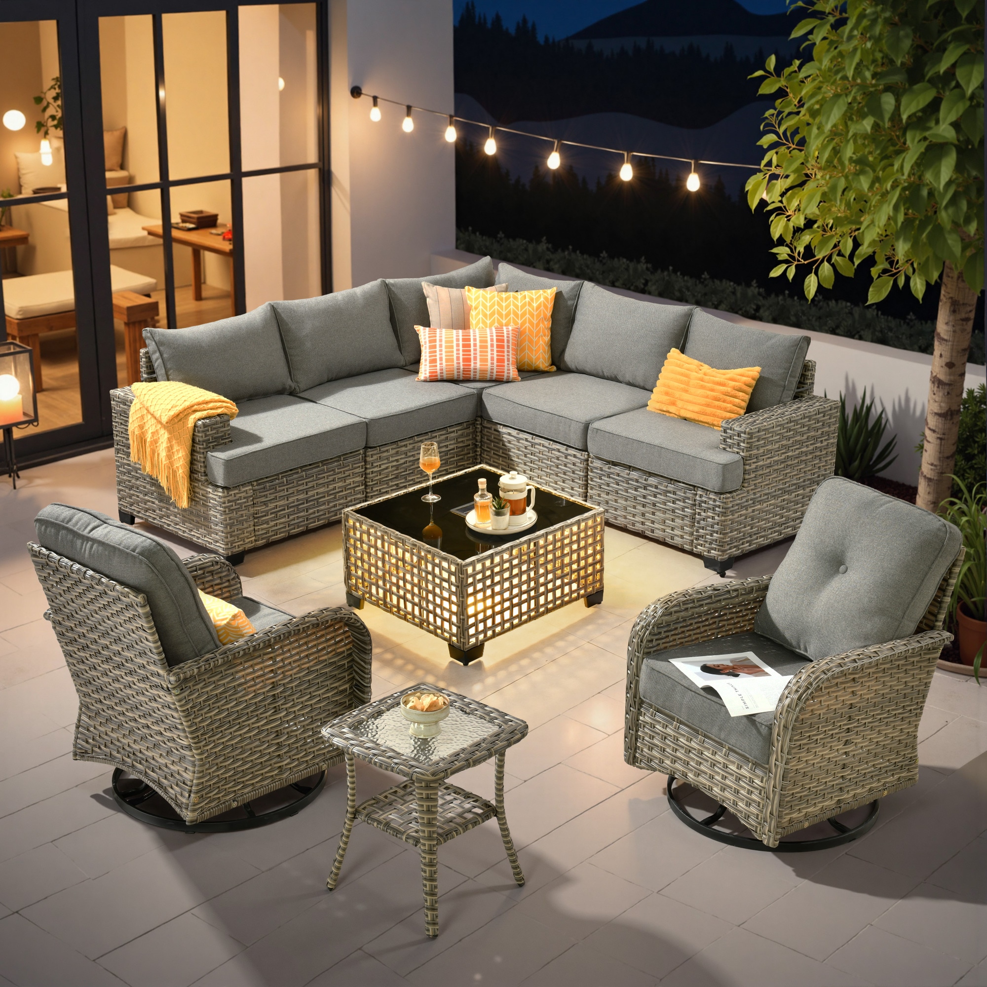 Ovios TS209TYV 9 -Piece Wicker Patio Conversation Set with Dark Gray Cushions