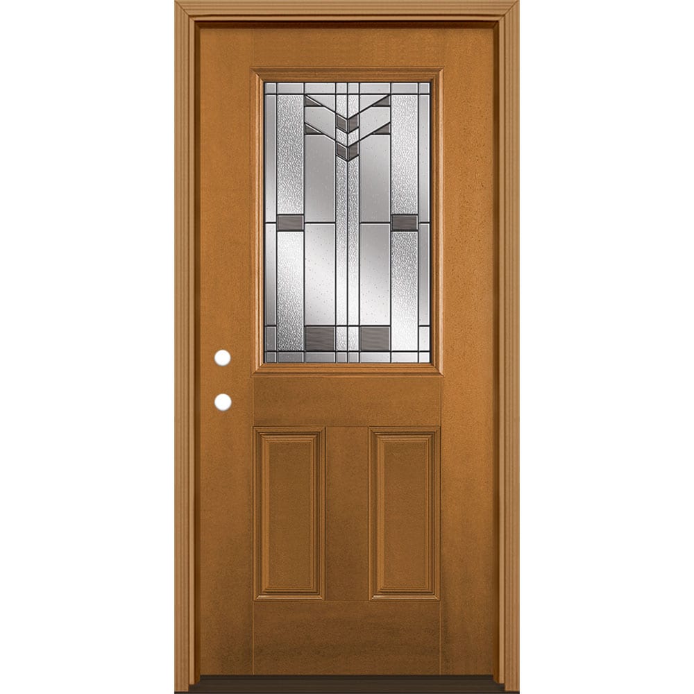 Masonite 3420248 Frontier 36-in x 80-in x 4-9/16-in Fiberglass Half lite Right-hand inswing Oakcrest Stained Prehung Front Door with Brickmould Insulating core