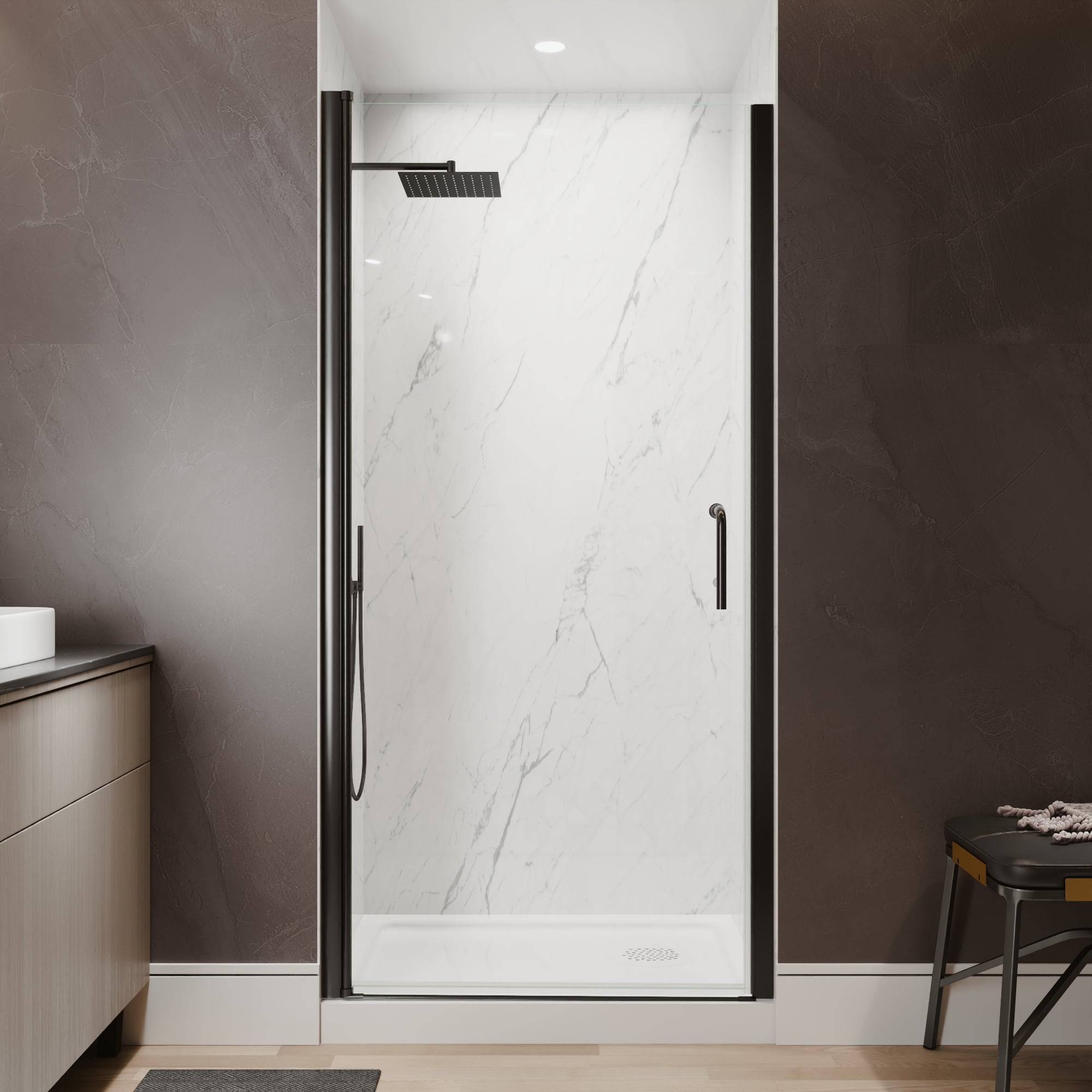 AAZJ HS Pivot Shower Doors Matte Black 36-in to 37-in W x 72-in H Semi-frameless Clear Glass Pivot Shower door
