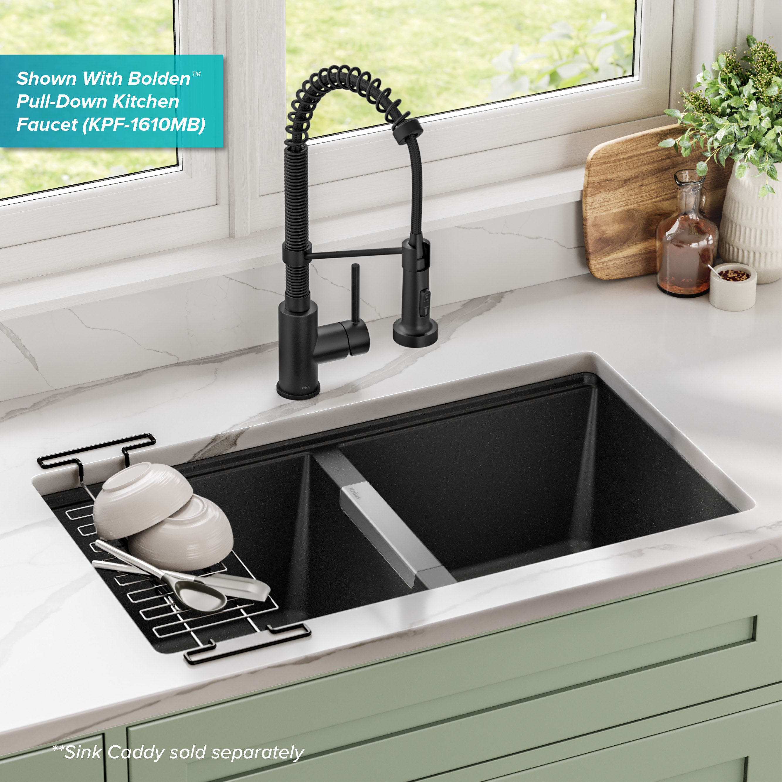 KRAUS 33 inch L Undermount 50/50 Double Bowl Black Onyx Granite Kitchen Sink