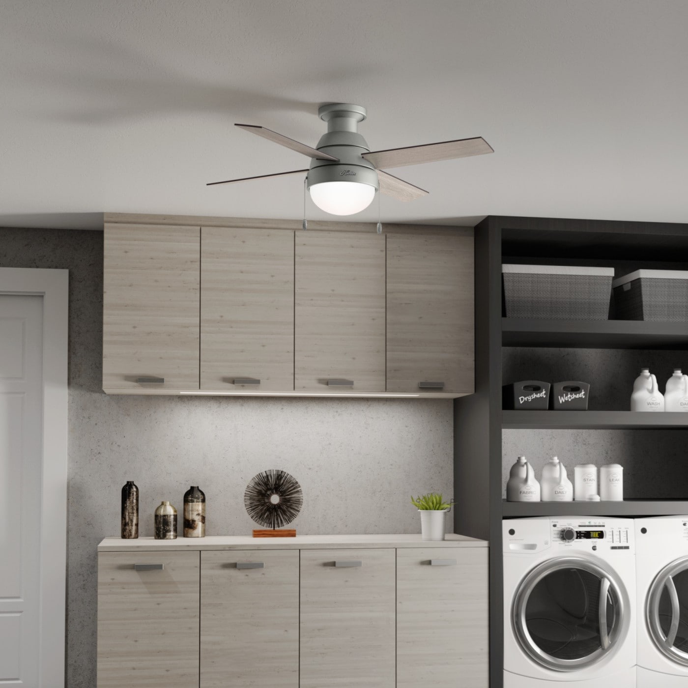 Hunter 50181 Kensie 44-in Downrod or Flush Mount Matte Silver with Light Greyed Oak/Warm Greyed Oak Blades Ceiling Fan With Light ( 4 -Blade )