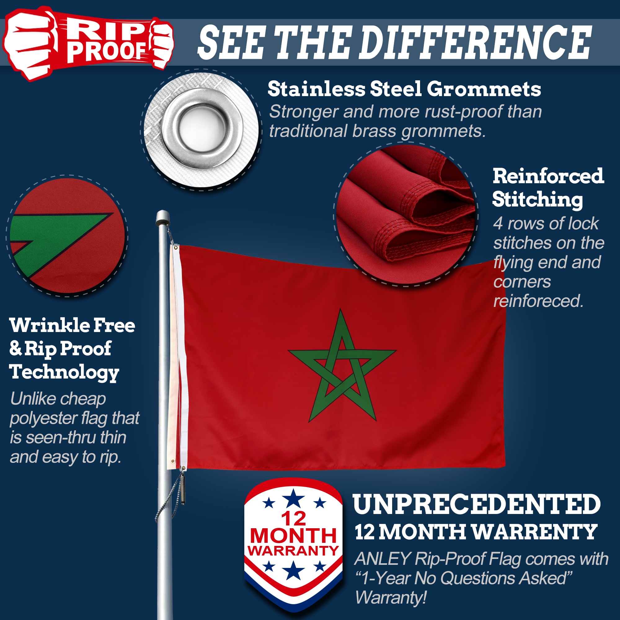 Rip-Proof Double Sided 3-Ply Moroccan Flag 3x5 Foot