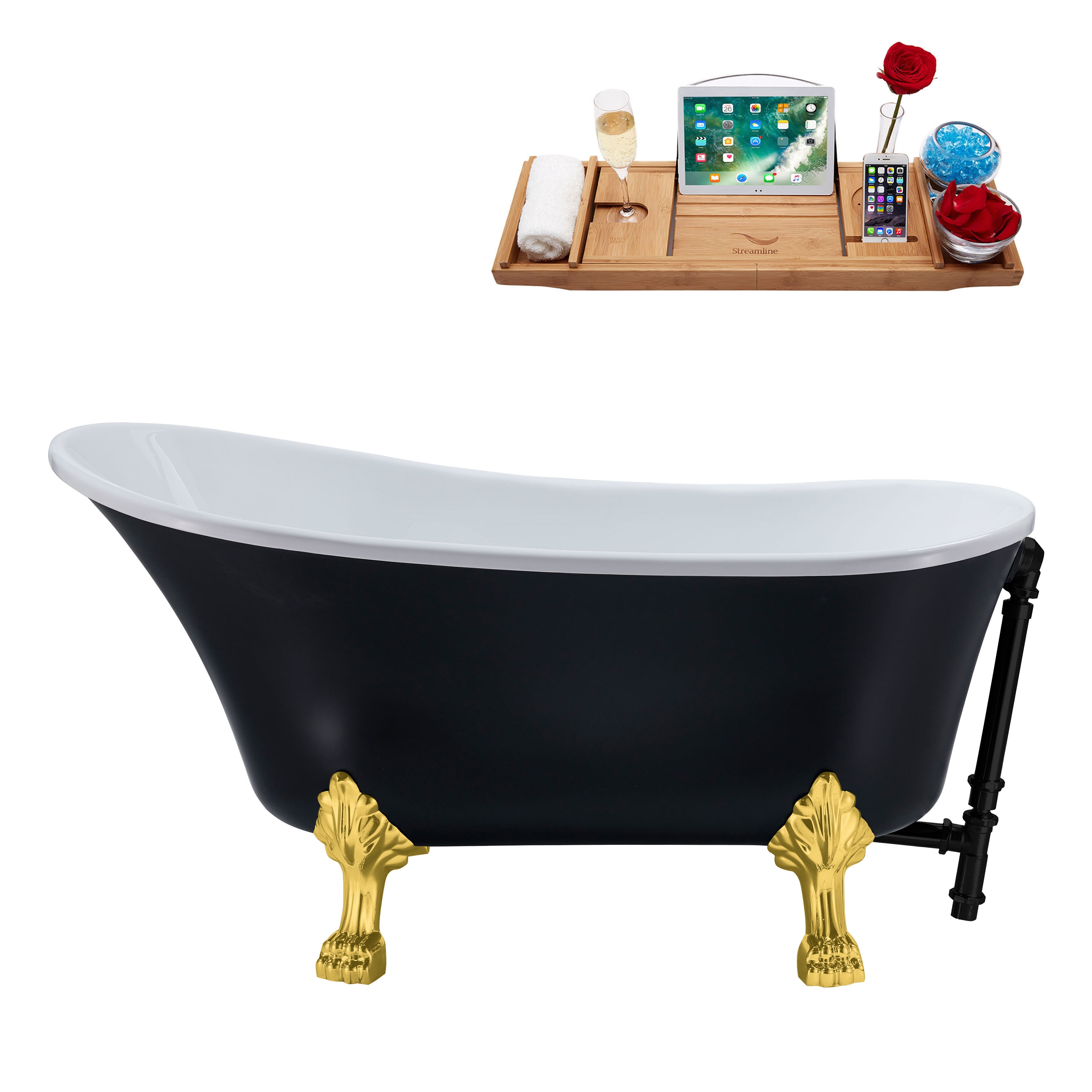 Streamline N353GLD-BL 28.3-in x 63-in Matte Black Acrylic Oval Clawfoot Soaking bathtub with Drain ( Reversible Drain )