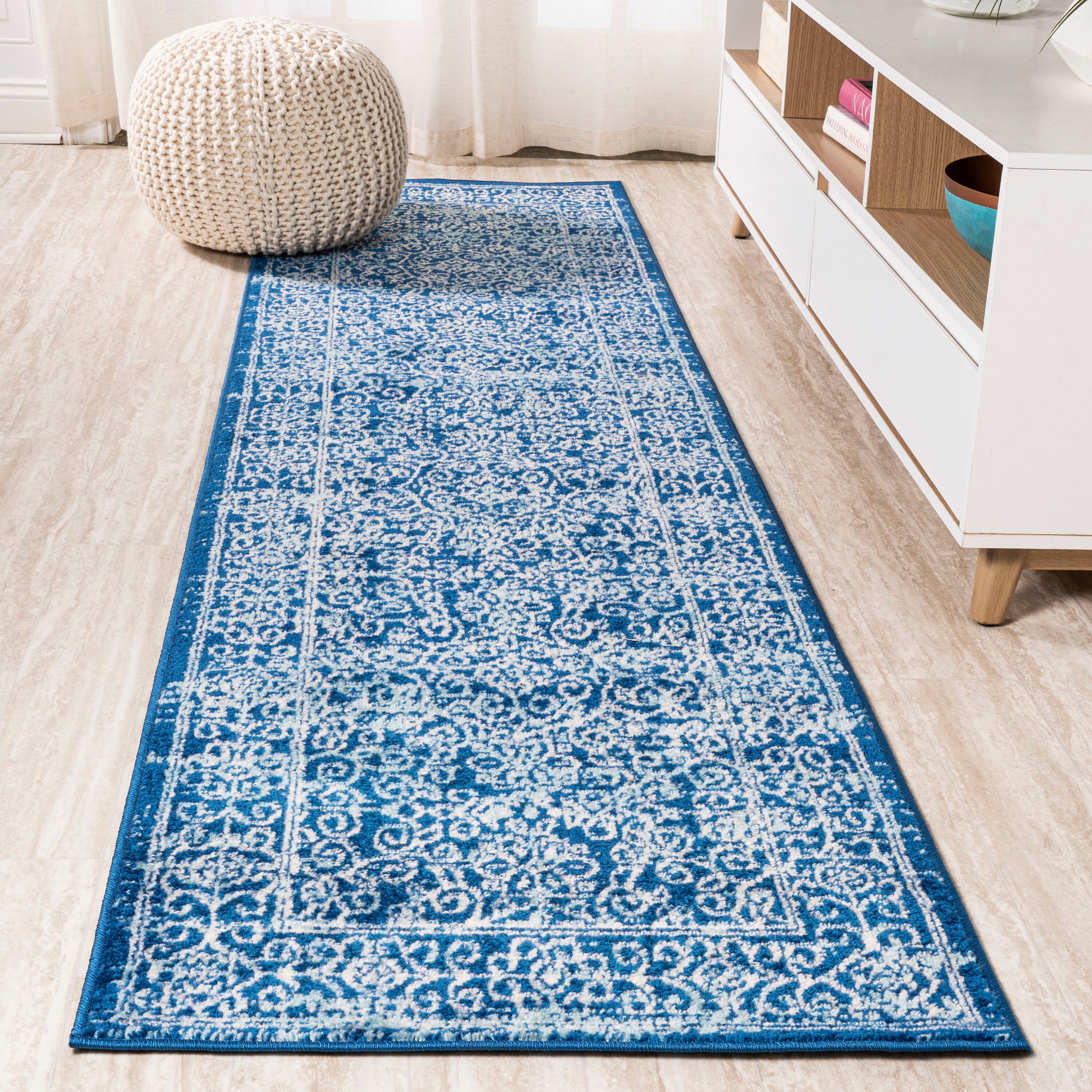 JONATHAN  Y BMF108B-28 Bohemian Flair Azul Filigree 2 x 8 (ft) Loomed Polypropylene Blue Rectangular Indoor Floral/Botanical Bohemian/Eclectic Runner rug