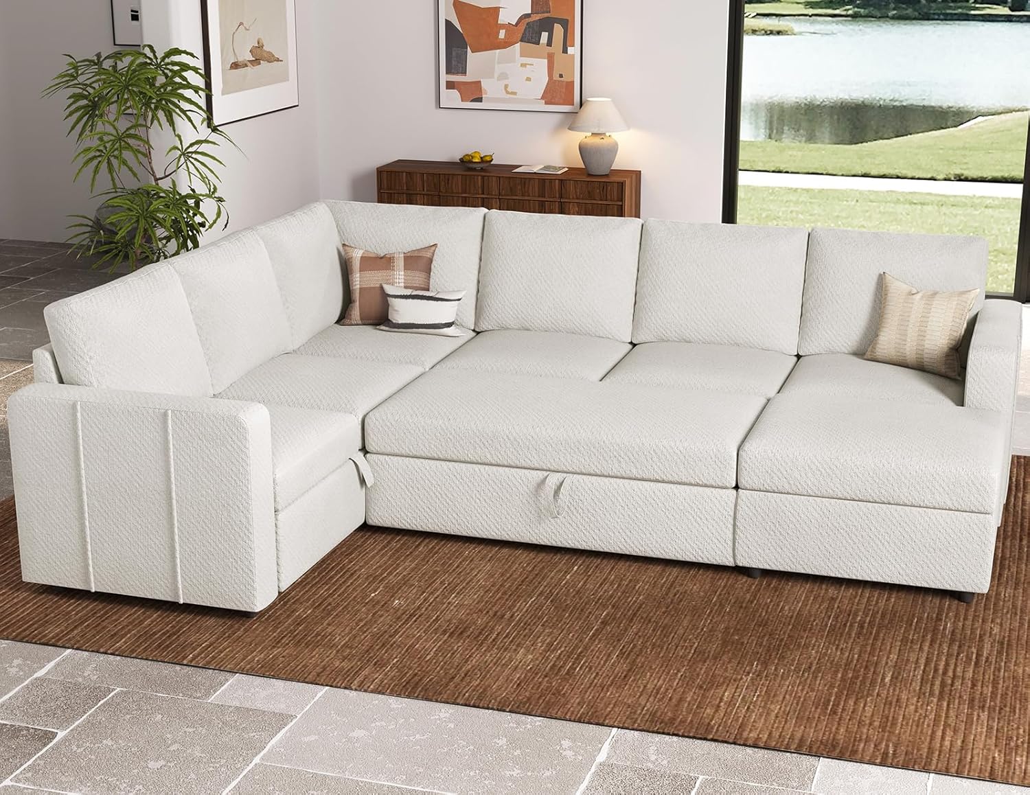 Belffin BF096C-AB3CDE-WHITE Modular Sectional Sleeper Sofa with Pull Out Bed and Storage Ottoman U Shape Sleeper Sectional Couch Oversized Cnovertible 7-Seater Sofa