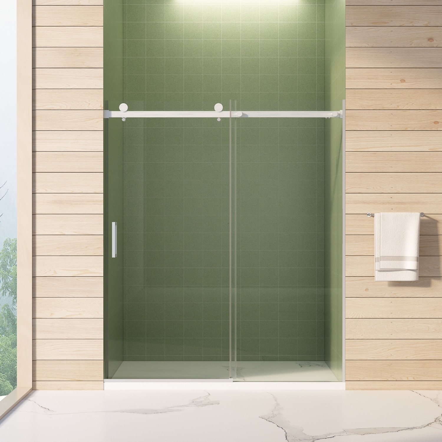 REIBII 56-in-60-inW x 70-inH Frameless Shower Door Sliding Shower Door with Premium 5/16-in(8mm) Thick Tempered Glass Shower EnclosureDouble Side Easy Clean CoatBrushed Nickel Finished With Buffer #FXLS0605-601B39