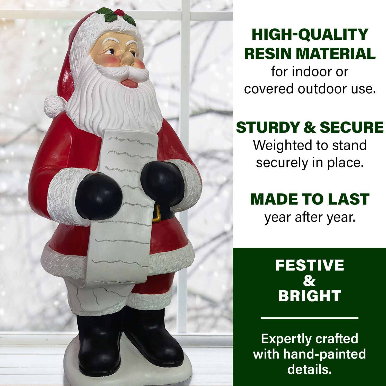 36-Inch Red and White Resin Santa Claus Statue with List