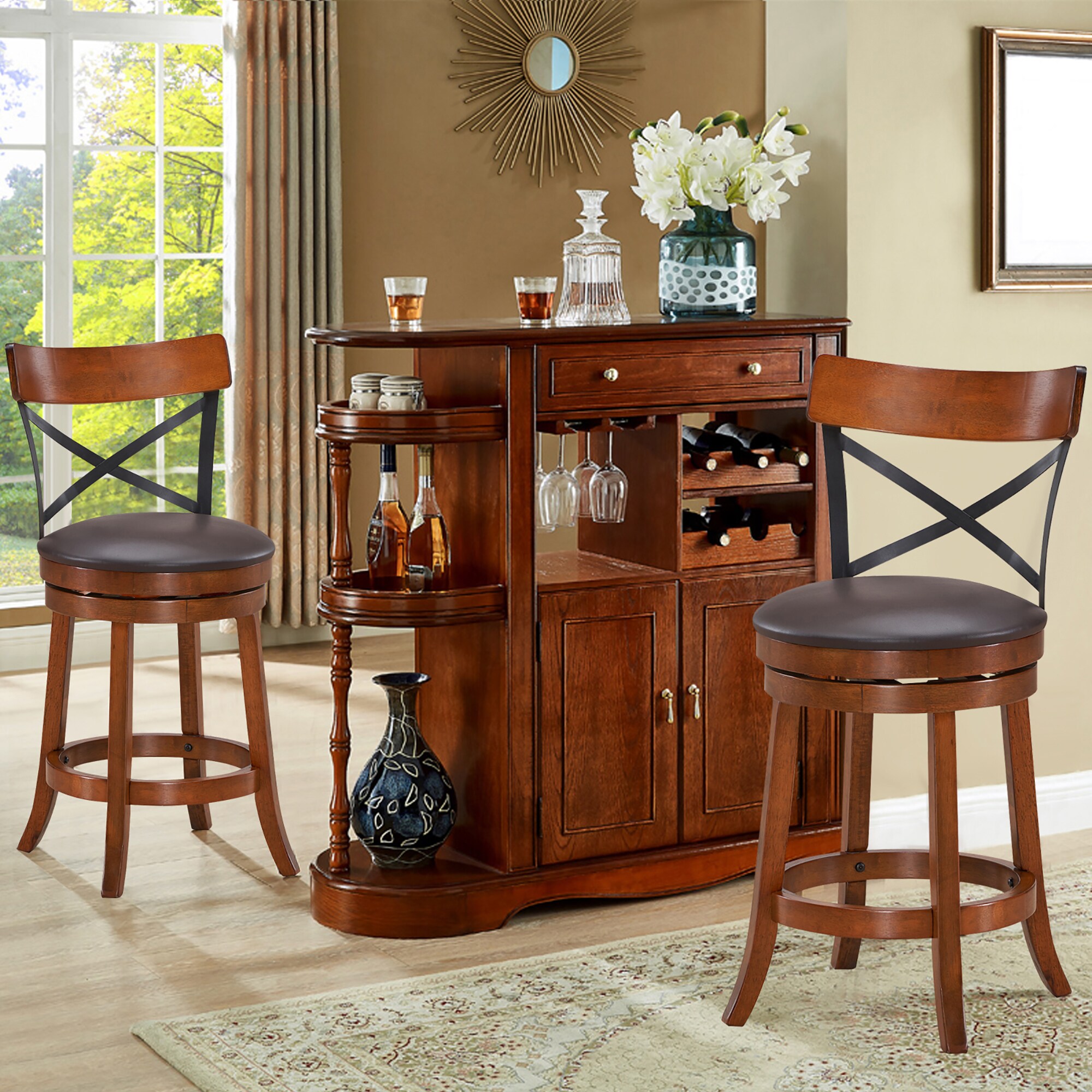 Set of 2 Swivel Brown Rubberwood Bar Stools with Metal Backrest