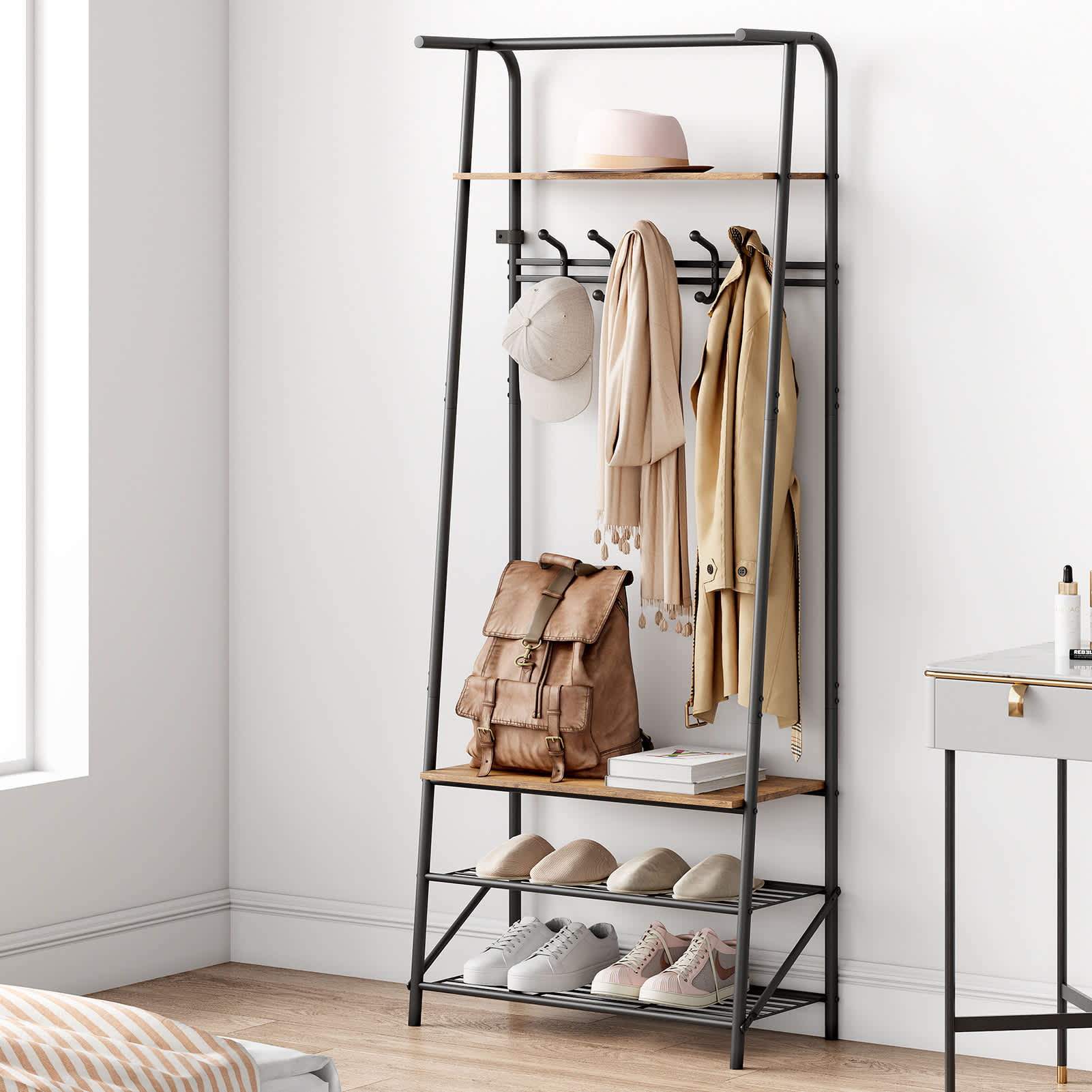 Qeetex PHO-0WV7IFUO-HF2 Single row Coat Rack Shoe Bench Organizer with 5/10 Hooks.  4 in 1 Entry Hallway Coat Rack with Storage Function.  Metal Frame Hallway Organizer.  Wood Look Decorative Furniture for Living Room Bedroom Clothes Storage