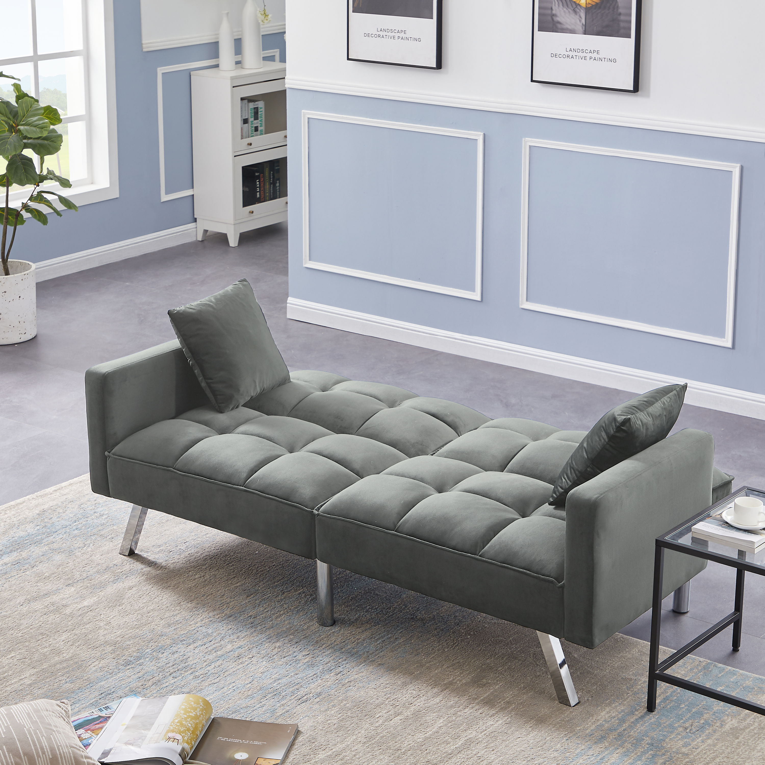 Clihome Pull-Out Sofa-Bed 60-in Modern Light Gray Velvet 3-seater