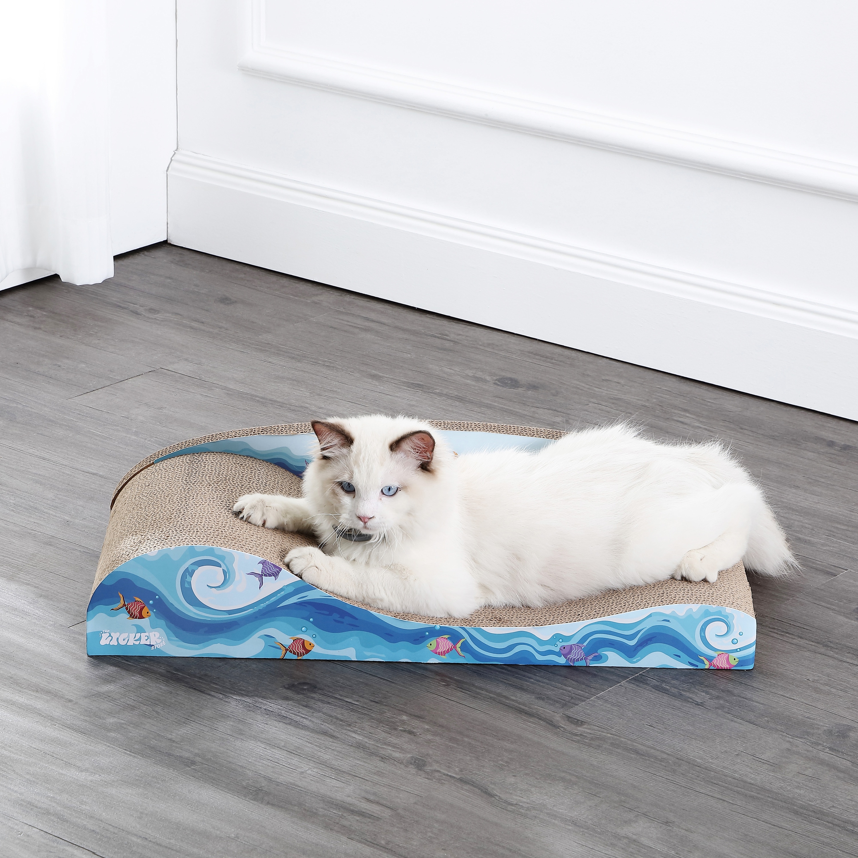 Kokomo Coastal Blue Cardboard Lounge Bed Cat Scratcher with Catnip