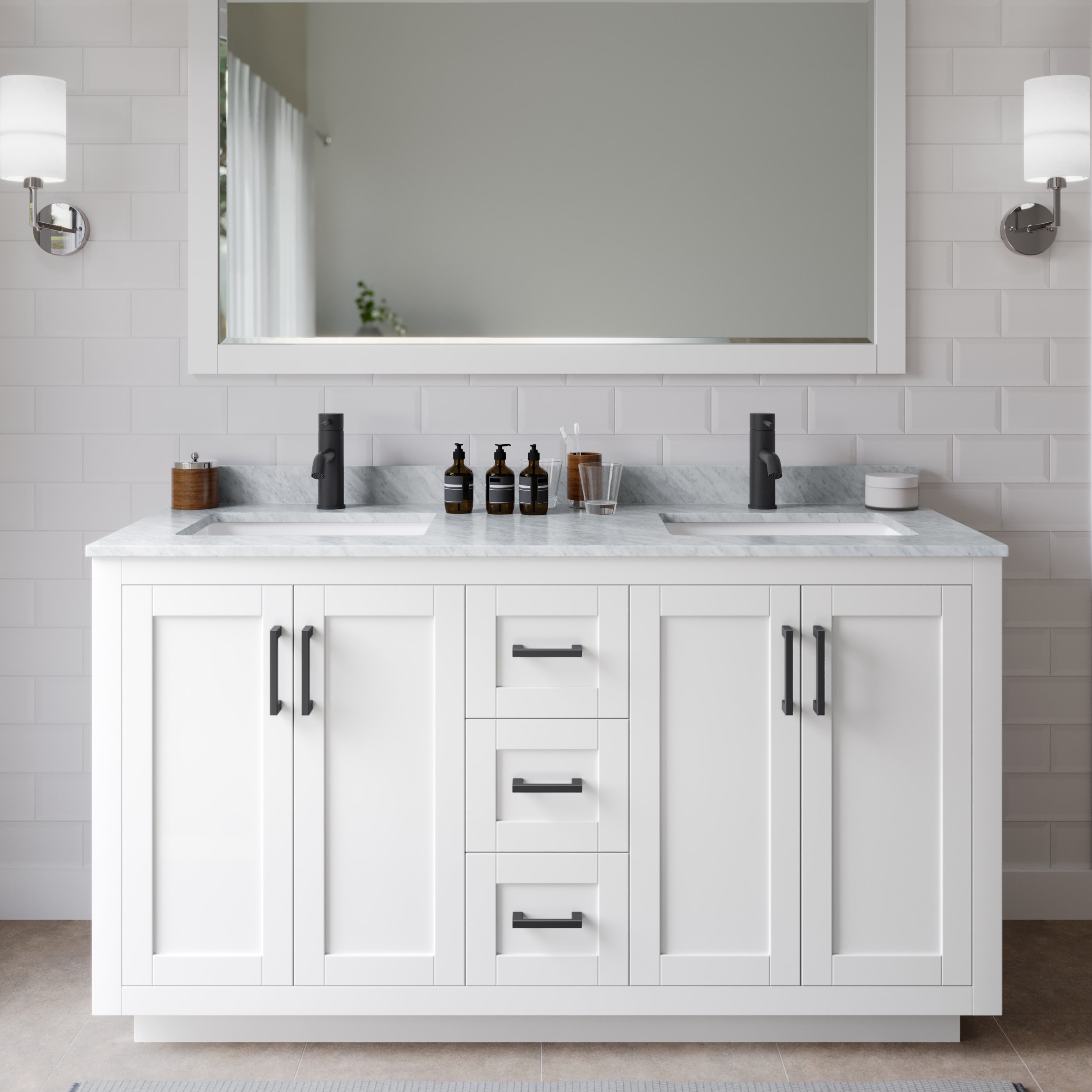 Wyndham Collection WCF292960DWBCMUNSM58 Miranda 60-in White with Matte Black Trim Undermount Double sink Bathroom Vanity with White Carrara Marble Marble Top (Mirror Included)