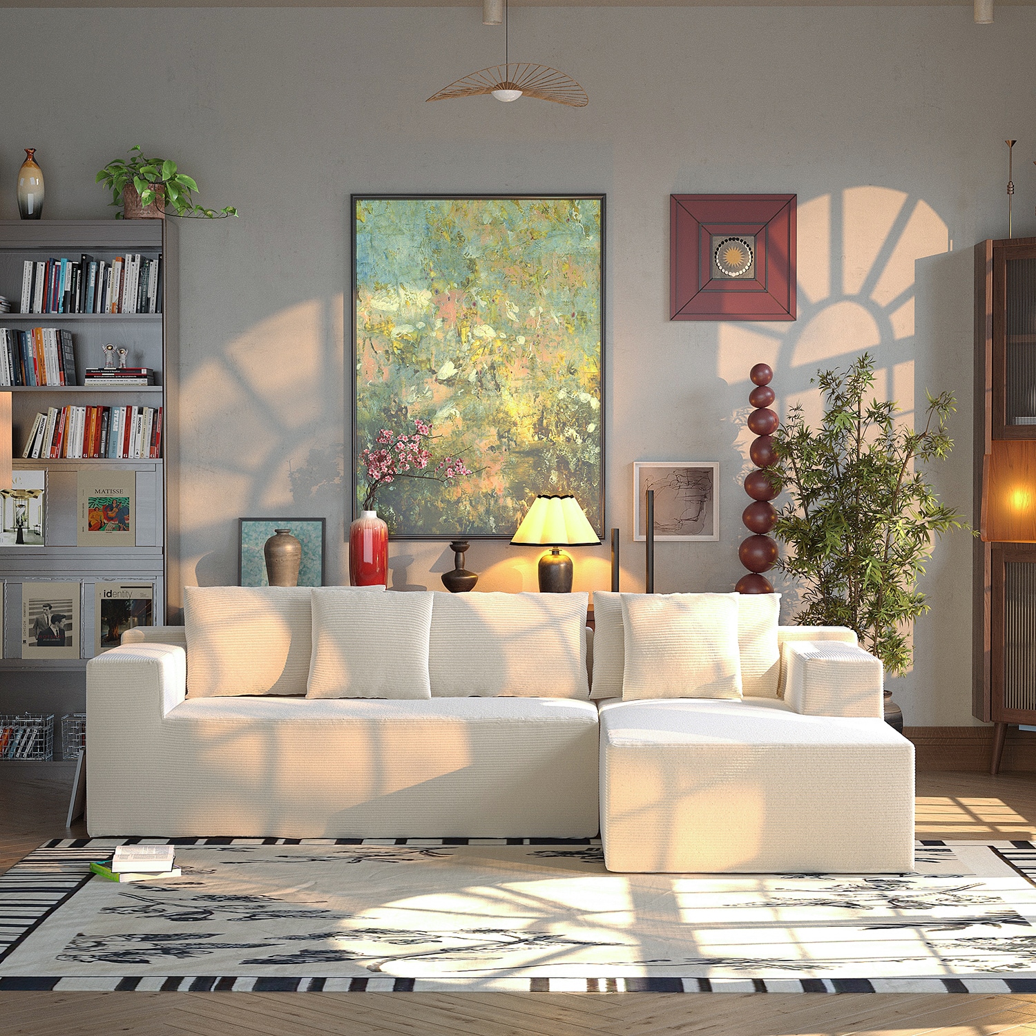 FUFU&GAGA 105.9-in W Modern Off White Cotton 6-seater Sofa