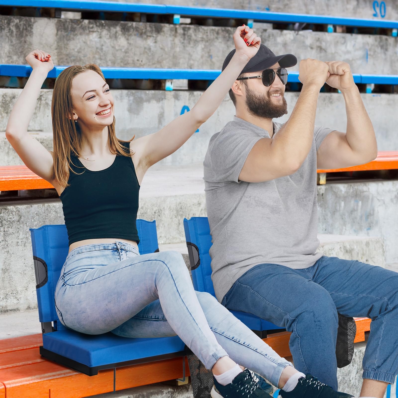 Etokfoks  stadium seat chair 1 pack 17 in wide x 12 8 in deep 4 in thick cushion 600D polyester steel frame 360 lb capacity with cup holder