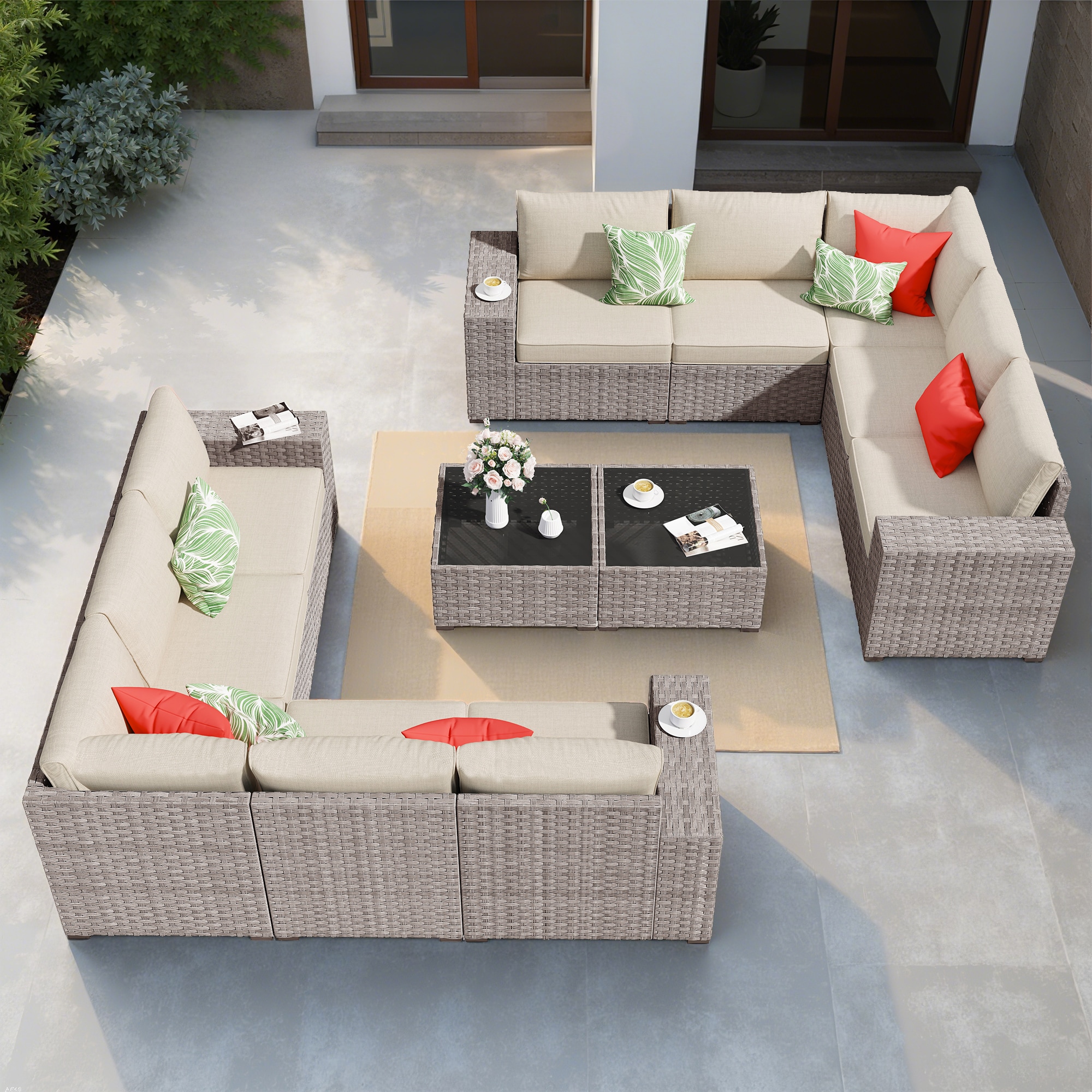 weaxty DDFPRRSGRS6011 Kuuga 11 -Piece Wicker Patio Conversation Set with Off-white Cushions