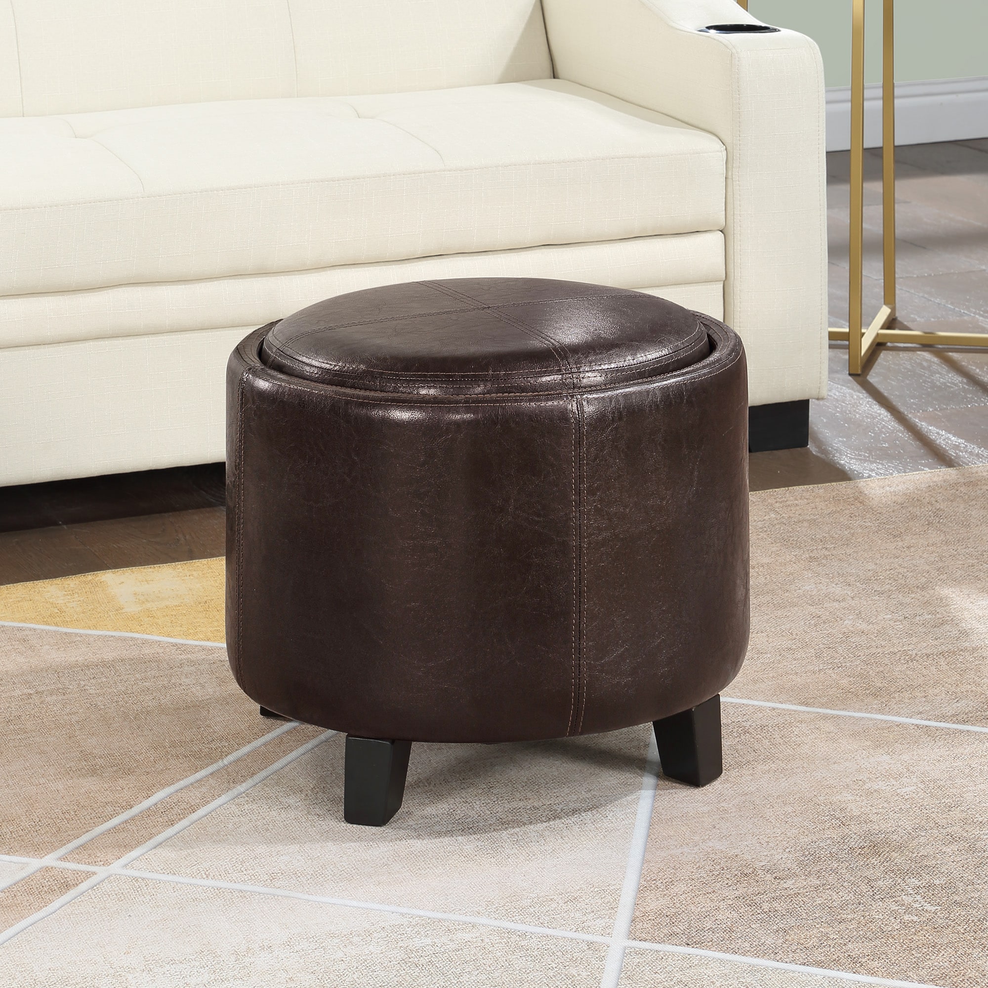Convenience Concepts R8-221 Oscar Modern Brown Faux leather Round Storage Ottoman