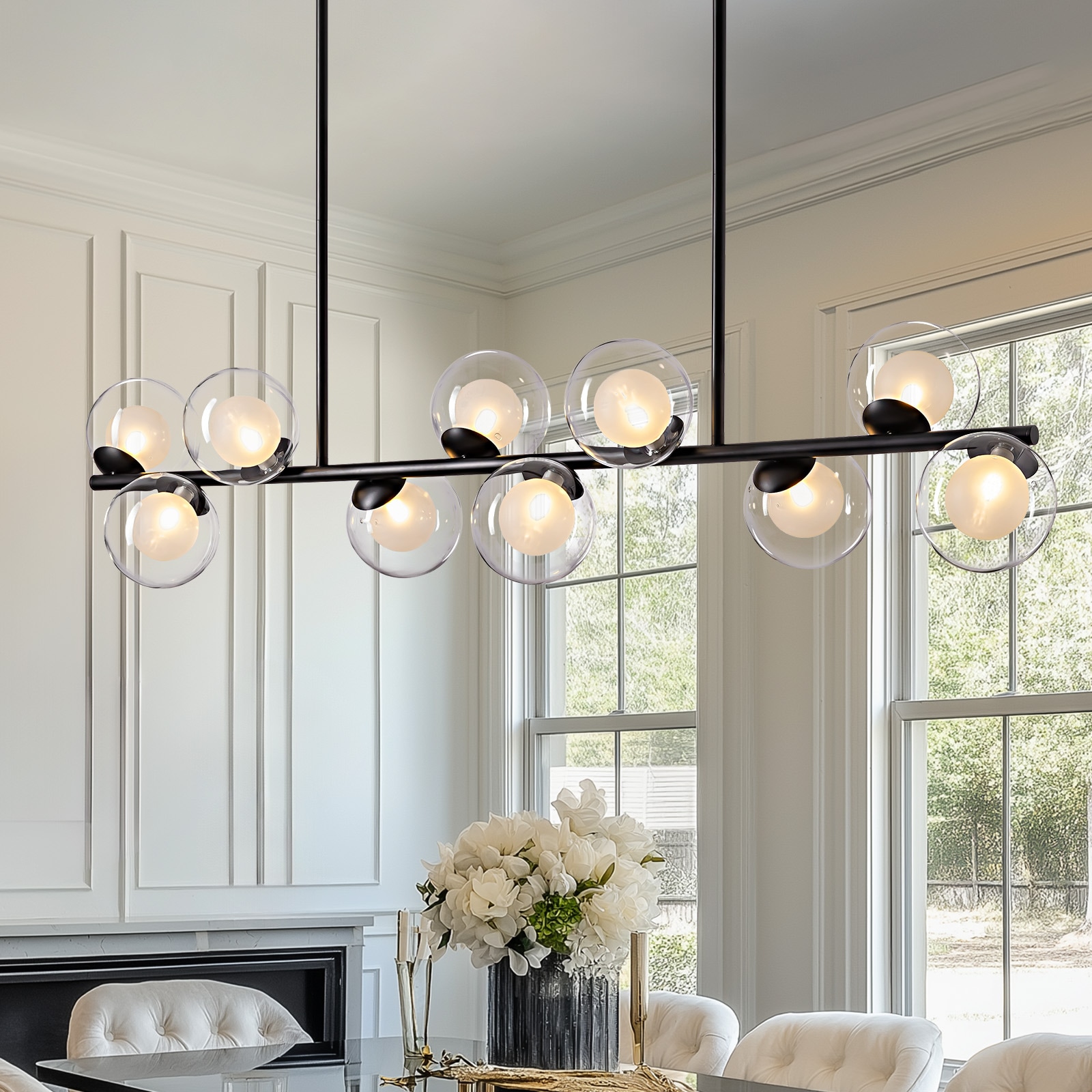 SILJOY 10 Light Modern Linear Sputnik Chandelier with Clear Double Glass Globes Gold Iron Frame Height Adjustable Rods G9 Dimmable for Dining Room Bedroom Foyer Kitchen