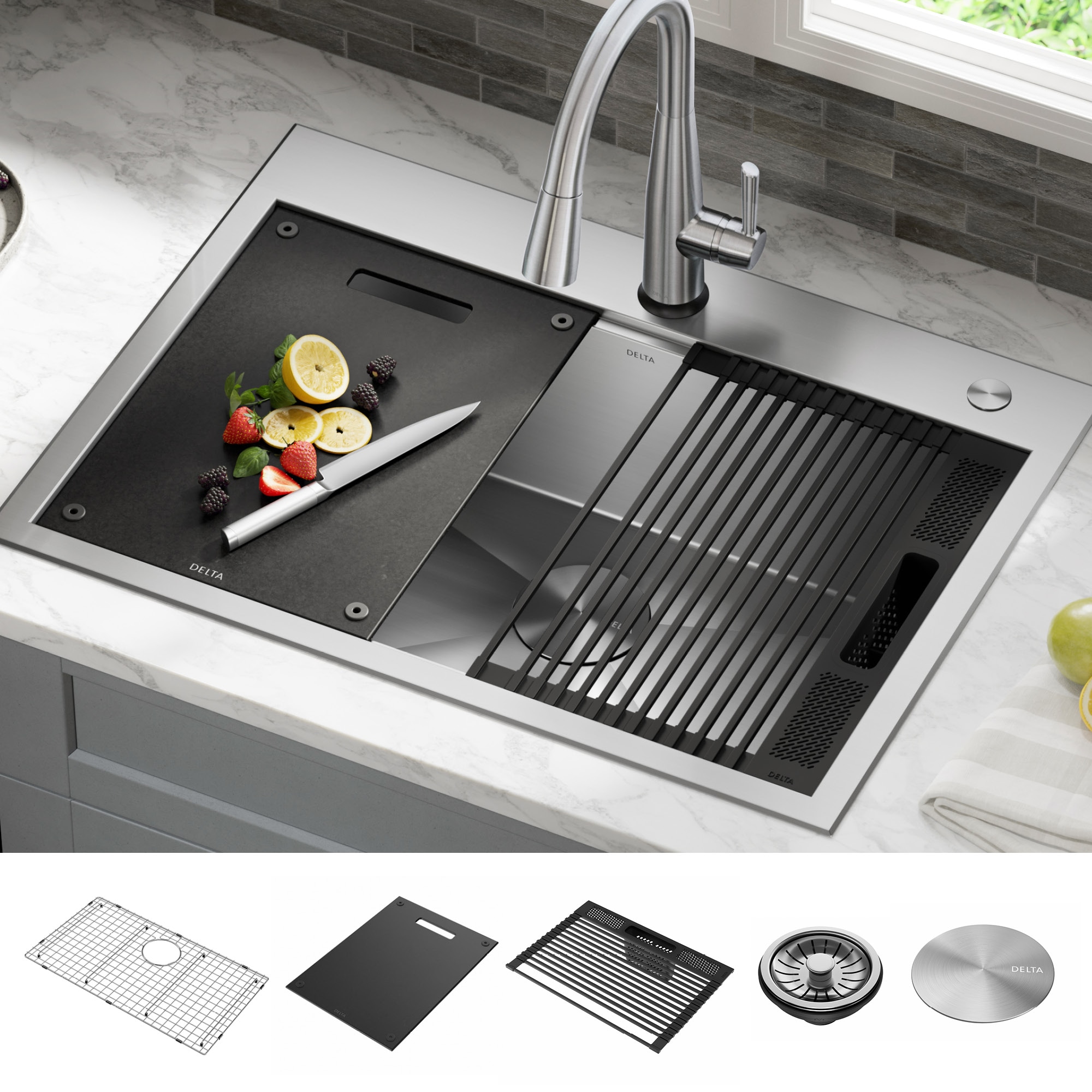 Delta 95A931-30S-SS Rivet Drop-in 30-in x 22-in Stainless steel Single bowl 16 -Gauge Workstation Kitchen Sink