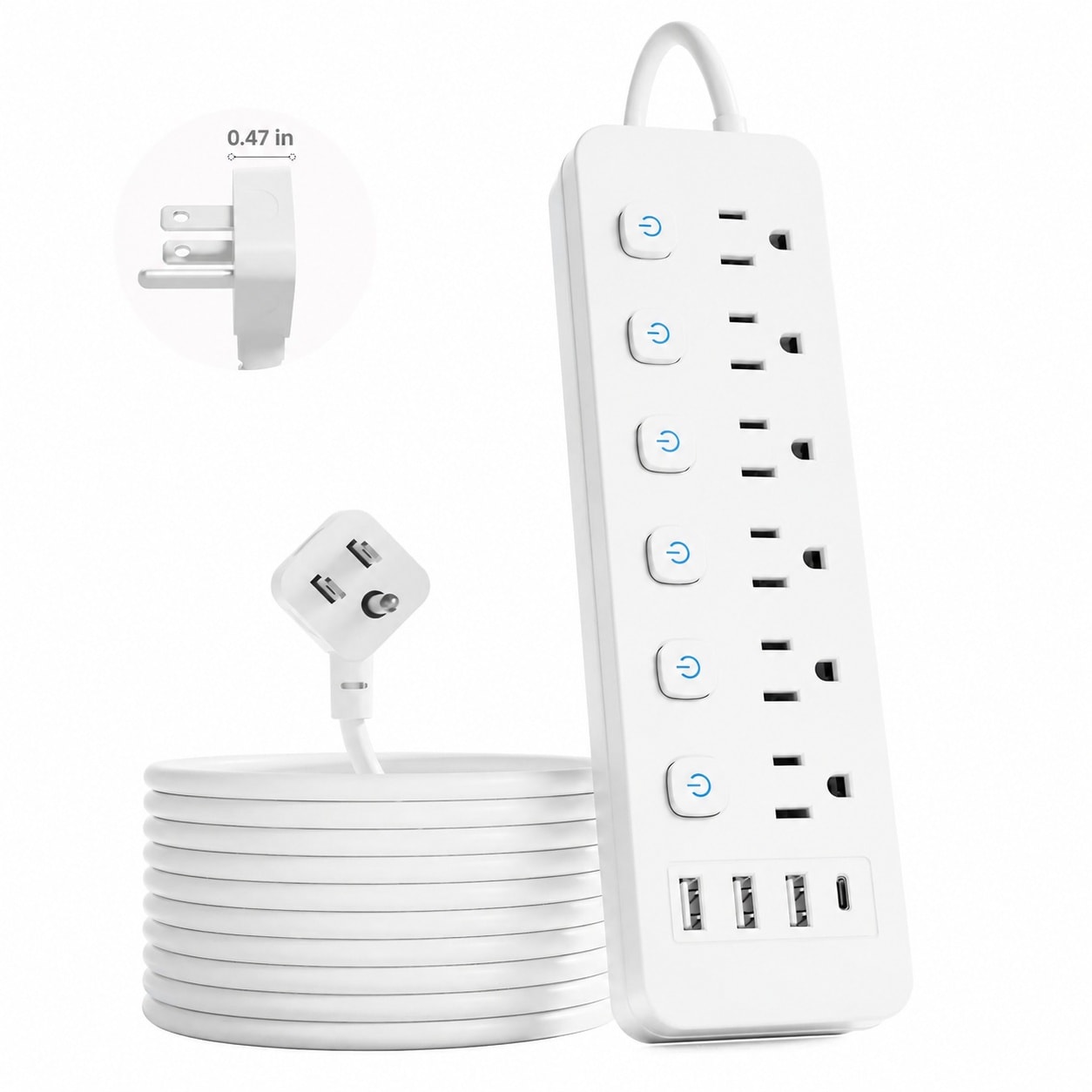 Adrinfly  6 Ft Power Strip with 6 Individual On Off Switches 6 Outlets and 4 USB Ports Including USB C Flat Plug Extension Cord for Home Office