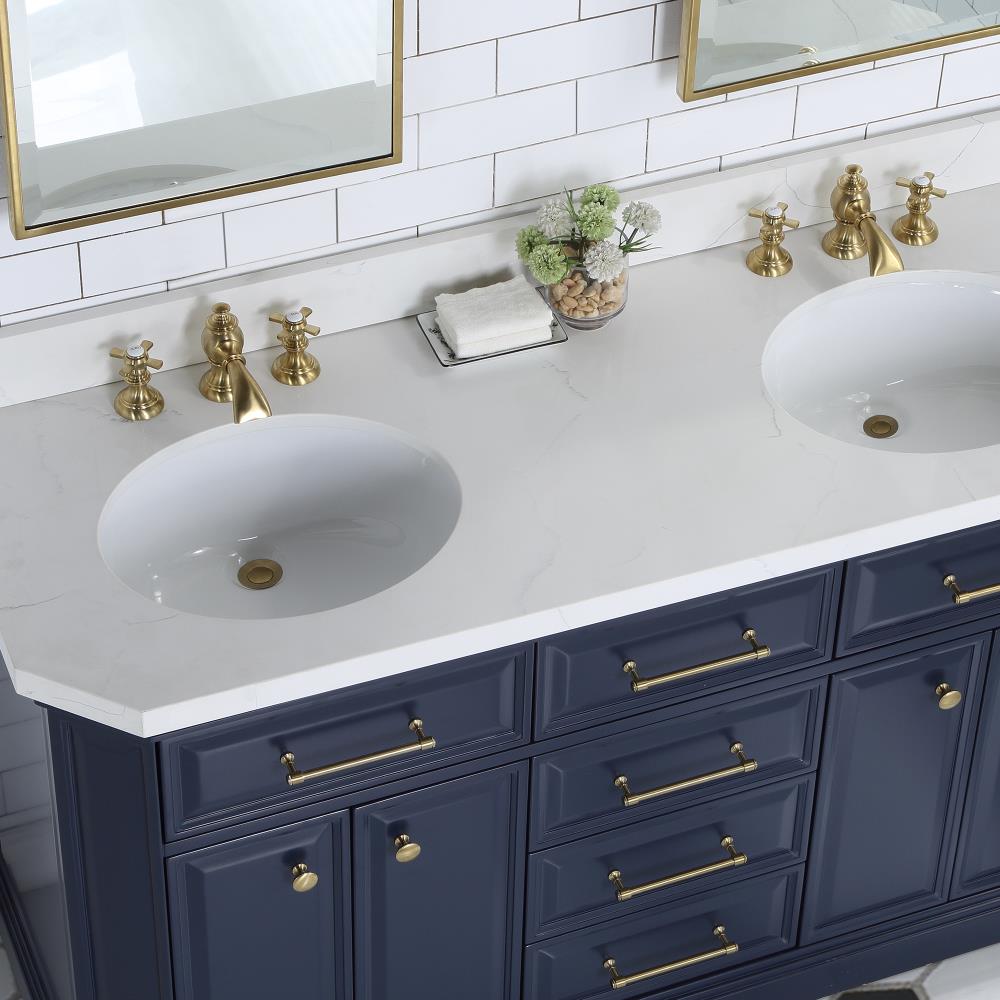 Water Creation Palace 60 Quartz Carrara Bathroom Vanity Set With Hardware  And Faucets in Satin Gold Finish And Mirrors in Chrome Finish